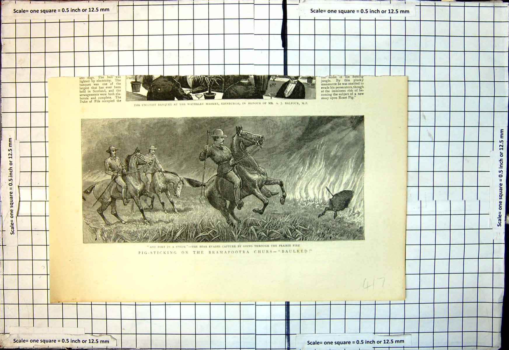 Old Print Pig Sticking Bramapootra Churs Boar Evades Capture Prairie Fire