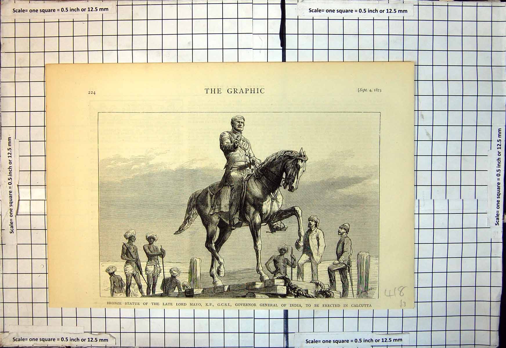 Antique Print Bronze Statue Late Lord Mayo Gon General India Calacutta 1875