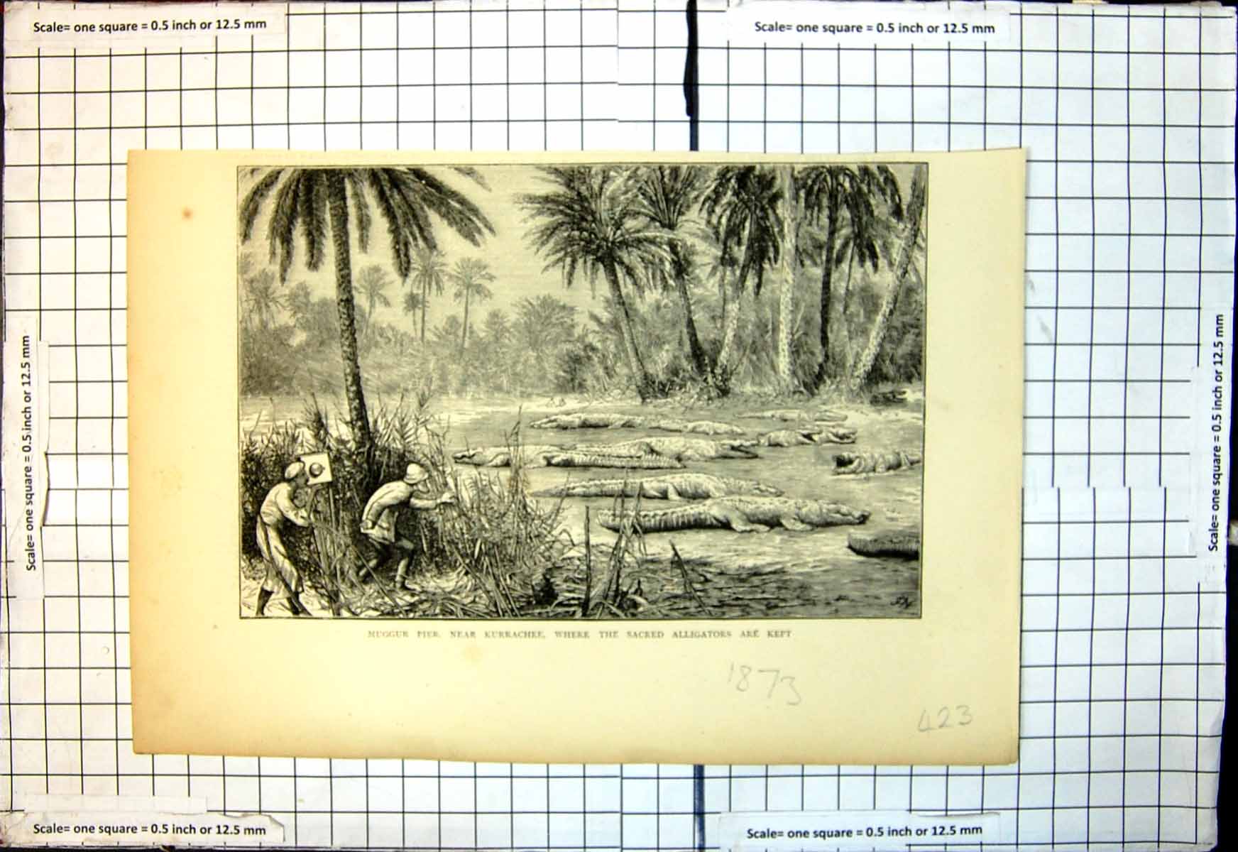 Old Antique Print Muggur Pier Near Kurrachee Sacred Alligators Kept 1873 19th