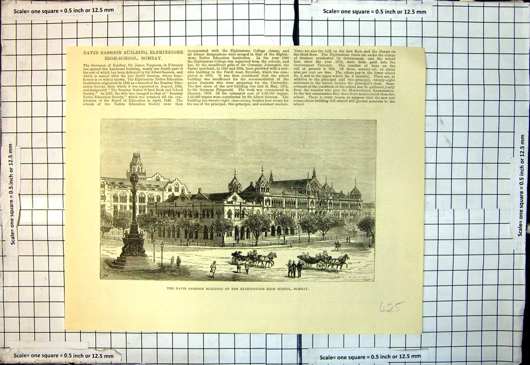 Original Old Antique Print David Sasoon Building Elphinstone High School Bombay