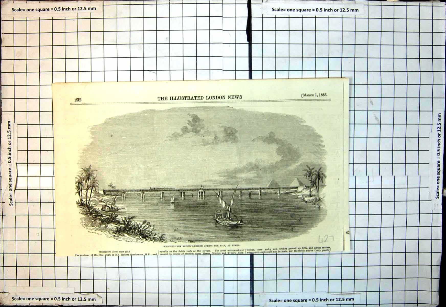 Original Old Antique Print Wrought Iron Railway Bridge Across Nile Benha 1856