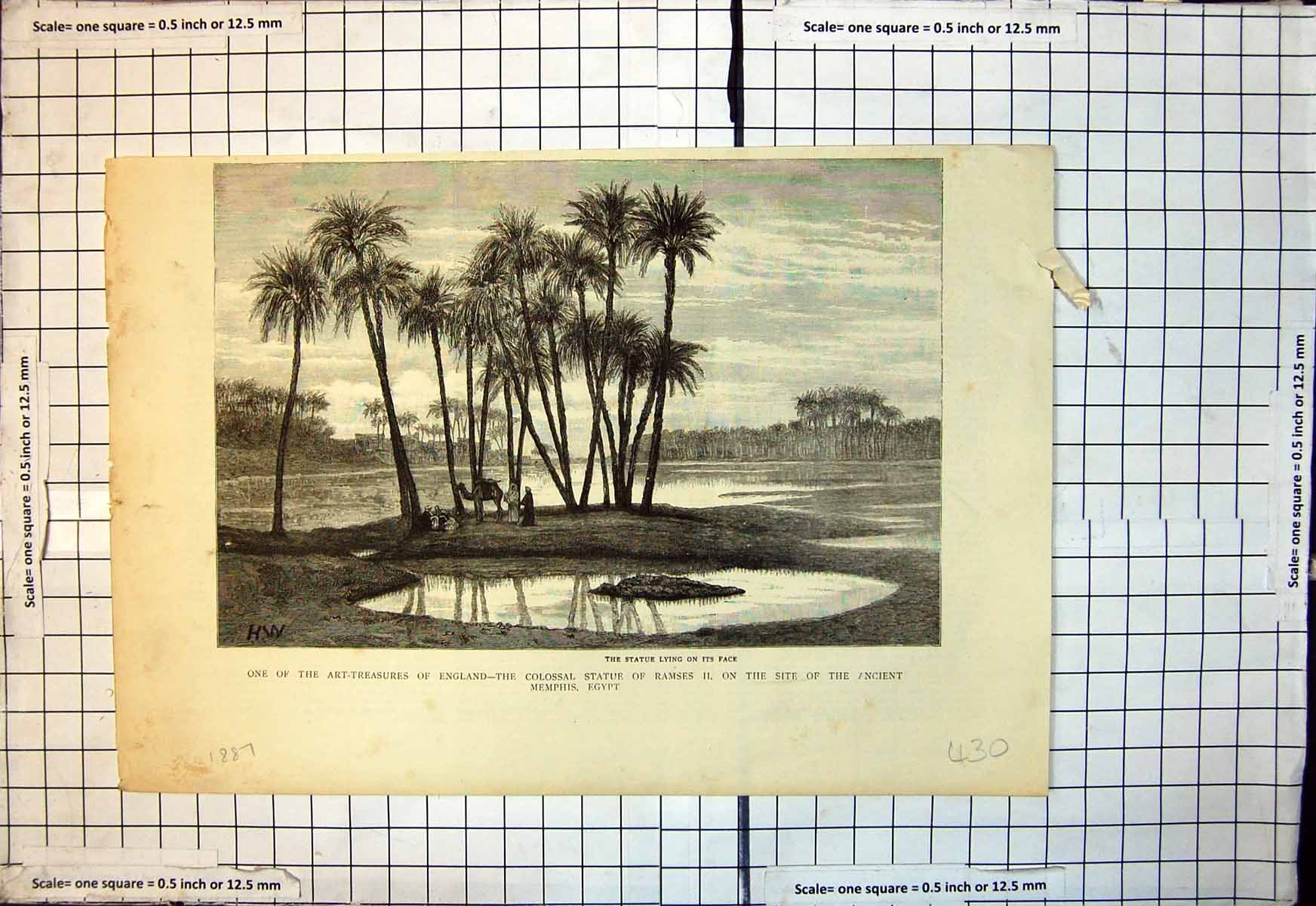 Antique Old Print Colossal Statue Ramses 11 Site Ancient Memphis Egypt 1887