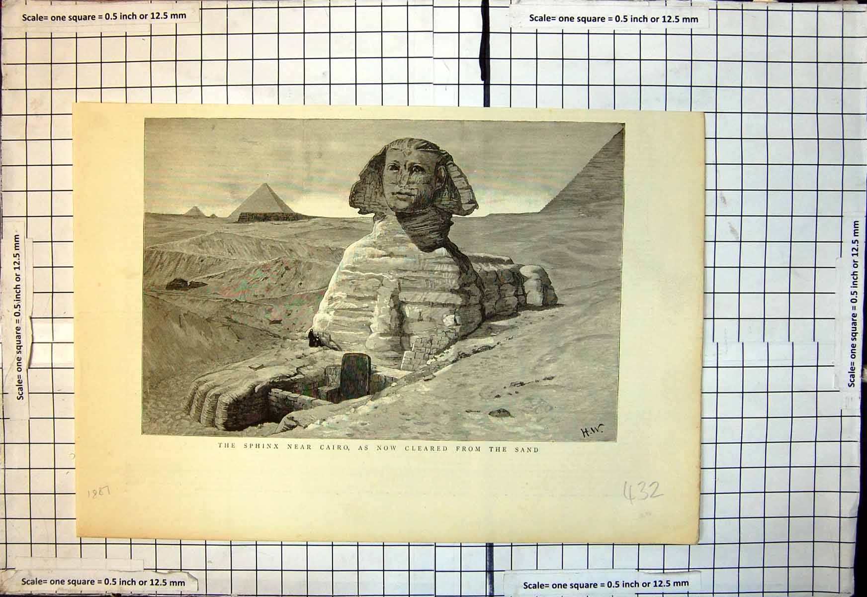 Original Old Antique Print Sphinx Near Cairo Now Cleared From Sand 1887 19th