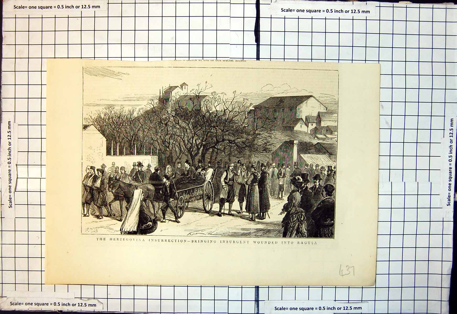Antique Old Print Herzegovina Insurrection Bringing Insurgent Wounded Ragusa