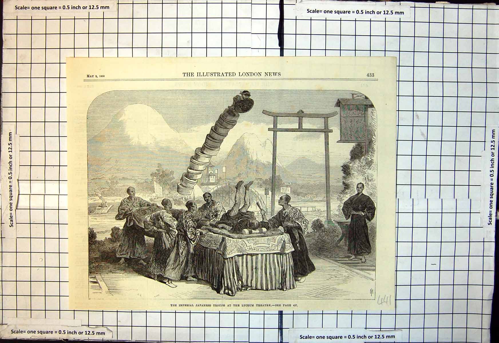 Original Old Antique Print Lyceum Theatre Imperial Japanese Troupe 1868 19th