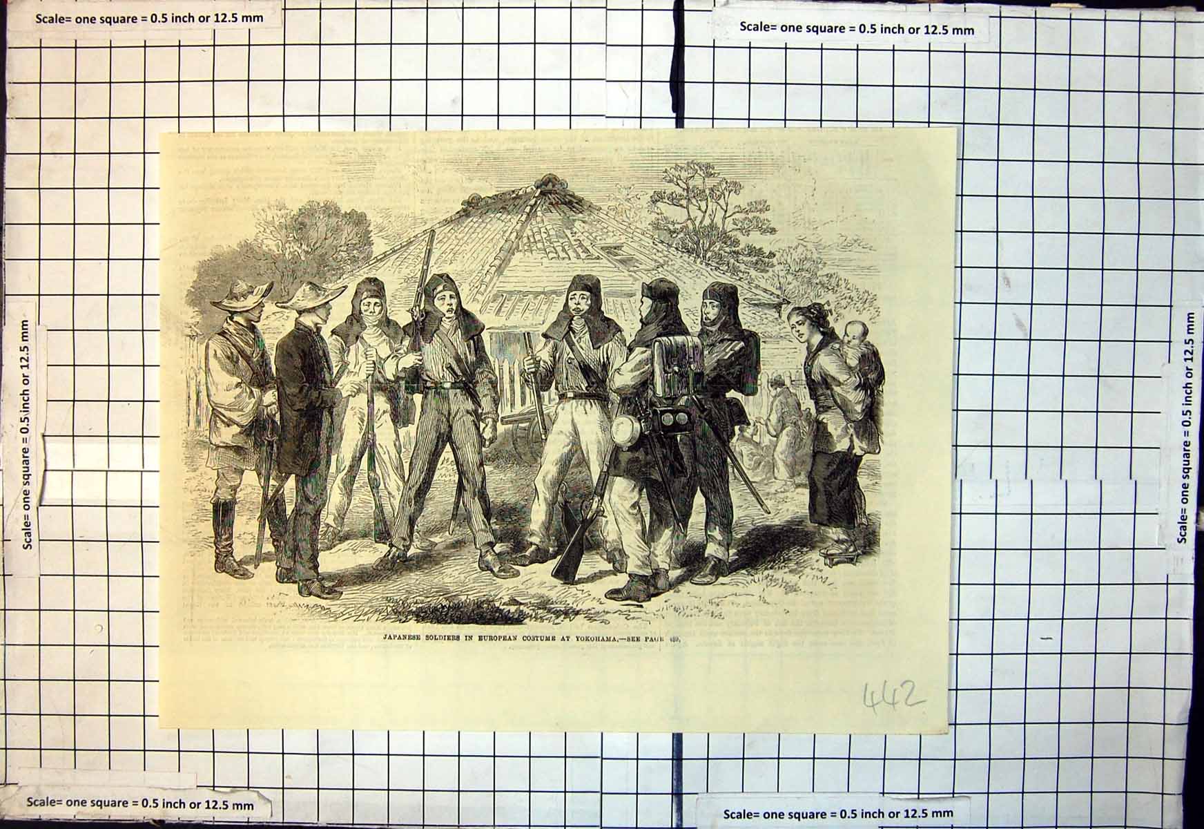 Original Old Antique Print Japanese Siers European Costume Yokahama 1866 19th