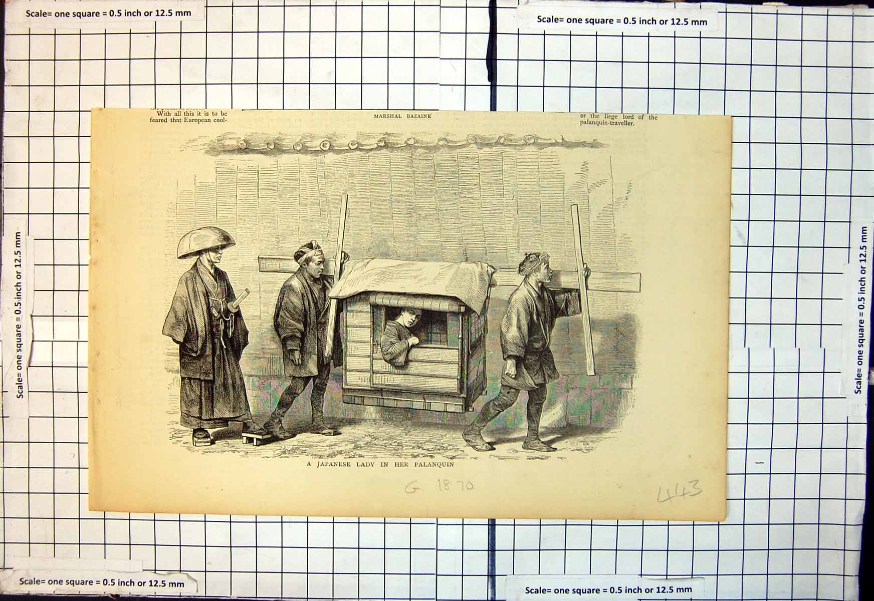 Original Old Antique Print Japanese Lady In Her Palanquin Carried Two Men 1870