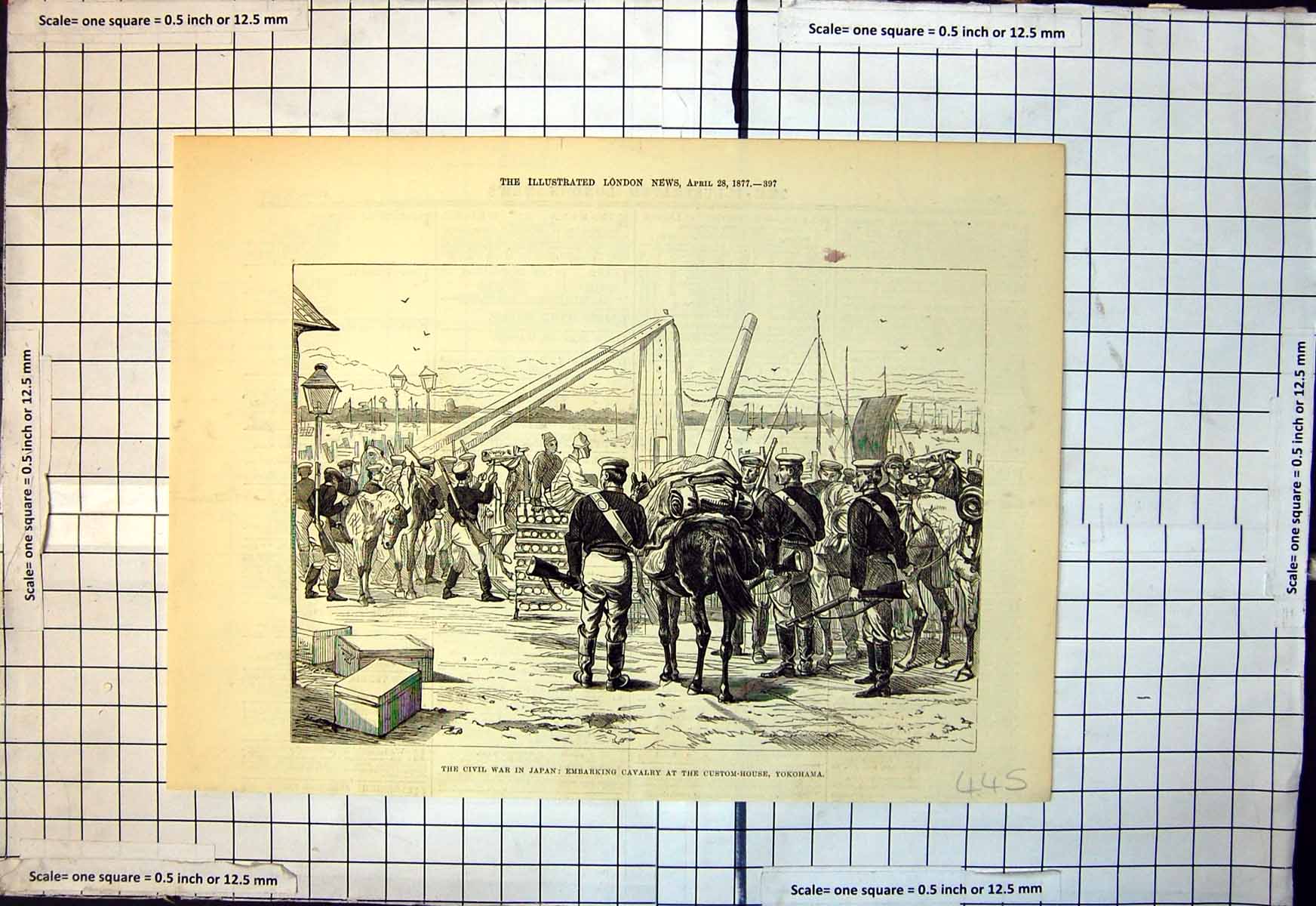 Antique Print Civil War Japan Embarking Cavalry Custom House Yokohama 1877 19th