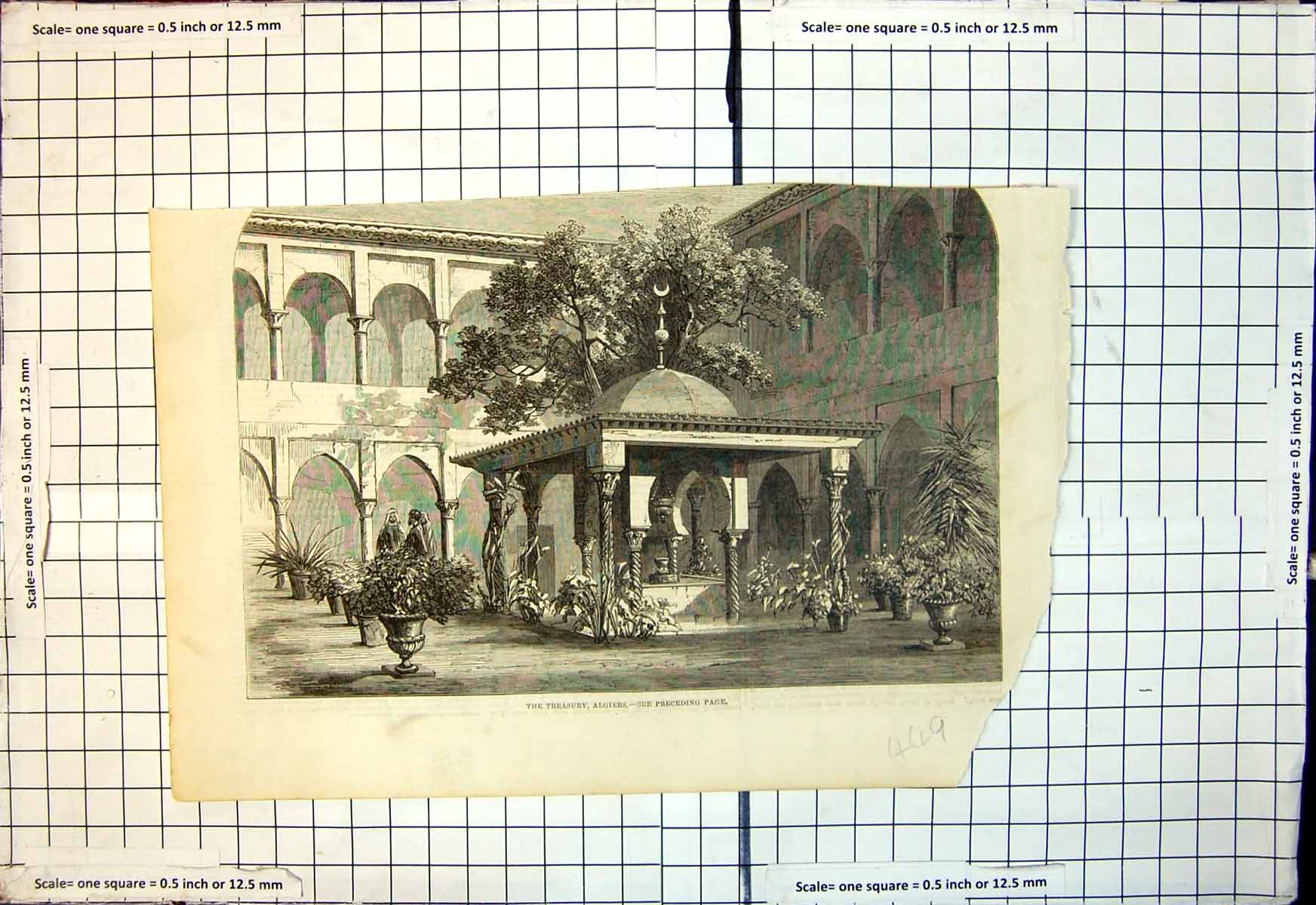 Antique Print Treasury Algiers Large Building Men Arab Dress Grounds Plants