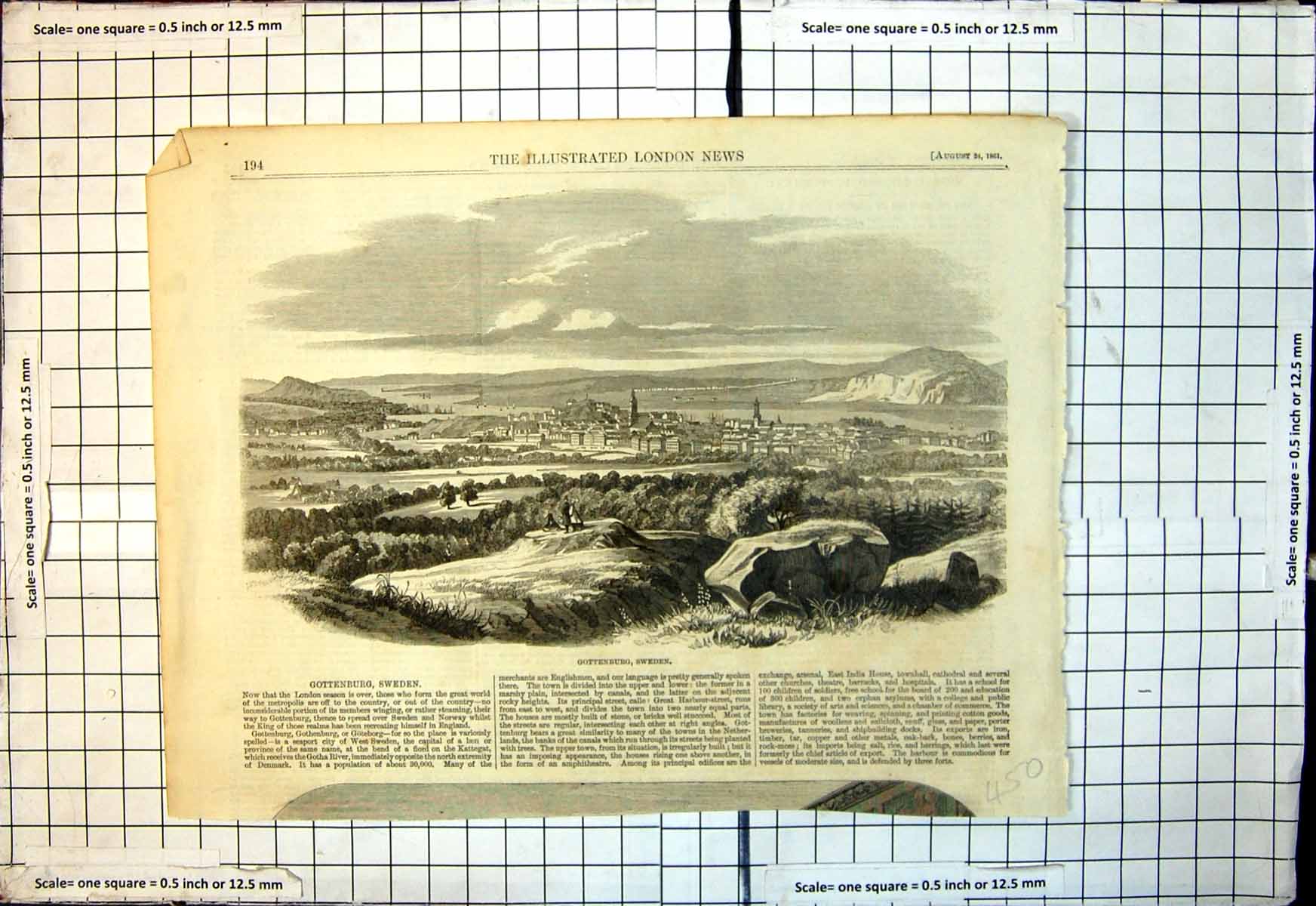Original Old Antique Print Gottenburg Sweden Seaport City Fiord Kattegat 1861