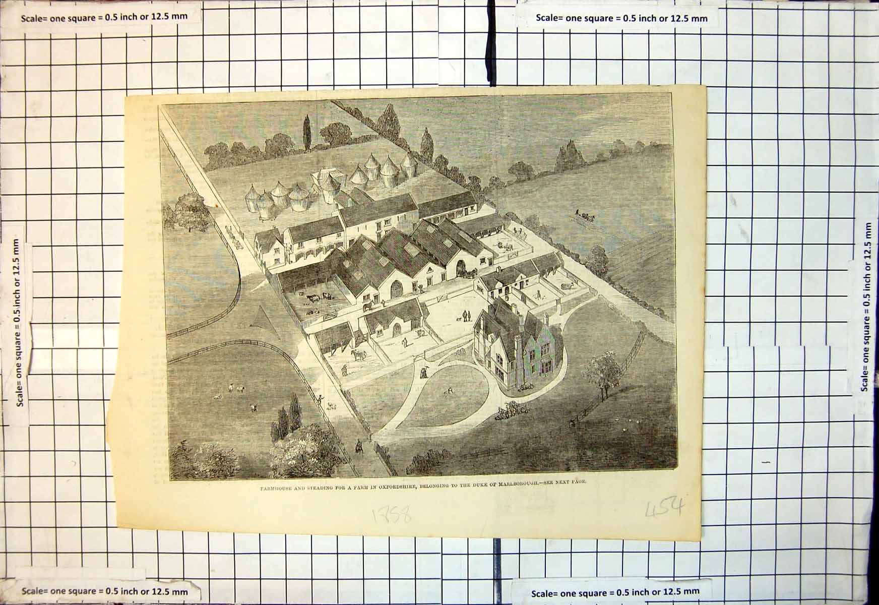 Antique Old Print Farmhouse Steading Farm Oxfordshire Duke Marlborough 1858
