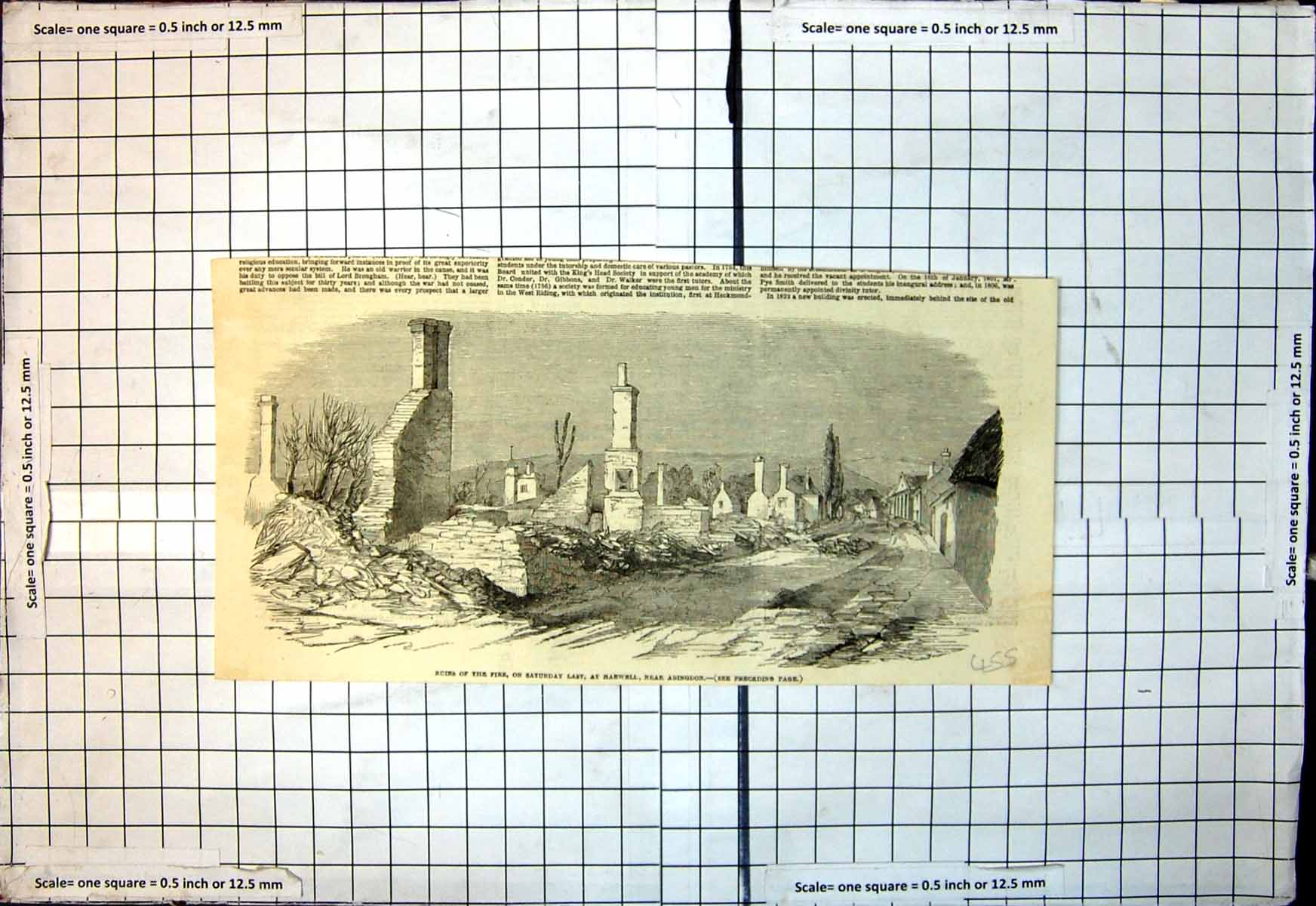 Original Old Antique Print Ruins Fire Harwell Near Abingdon