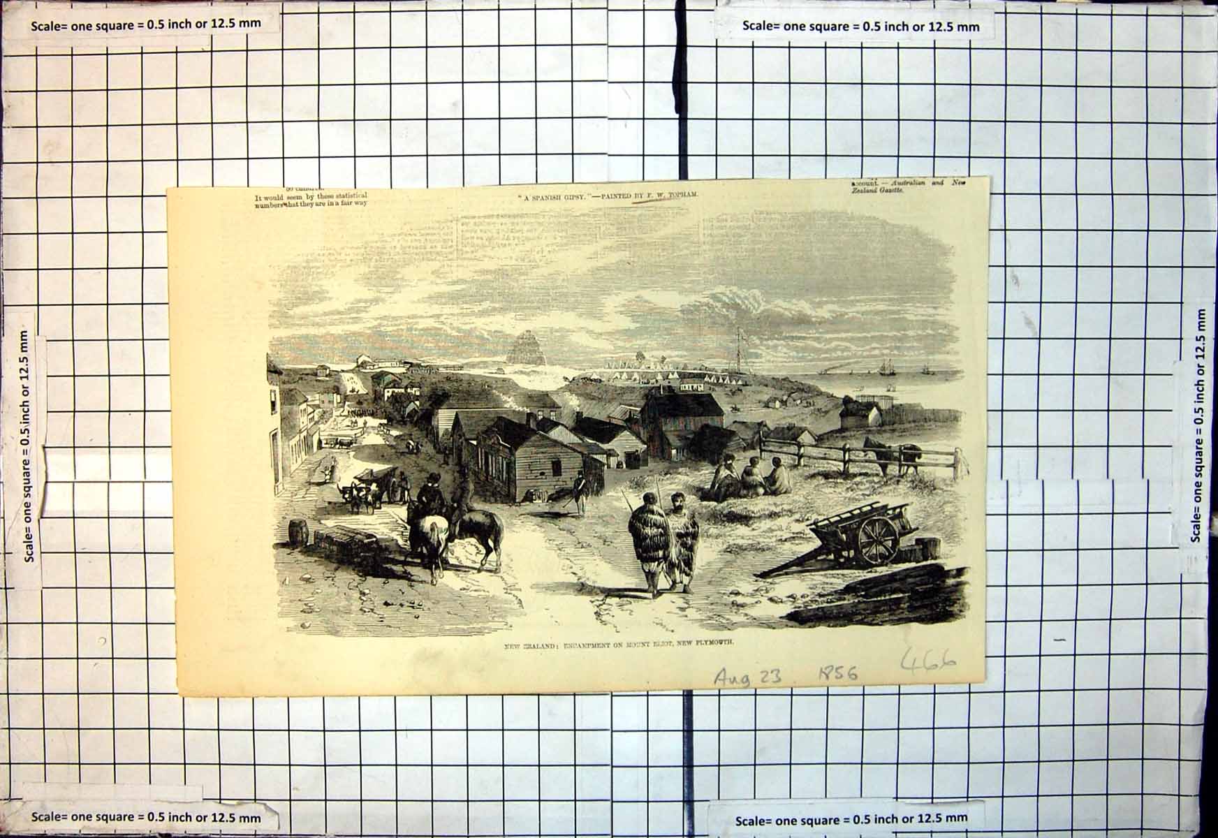 Original Old Antique Print New Zealand Encampment Mount Eliot New Plymouth 1856