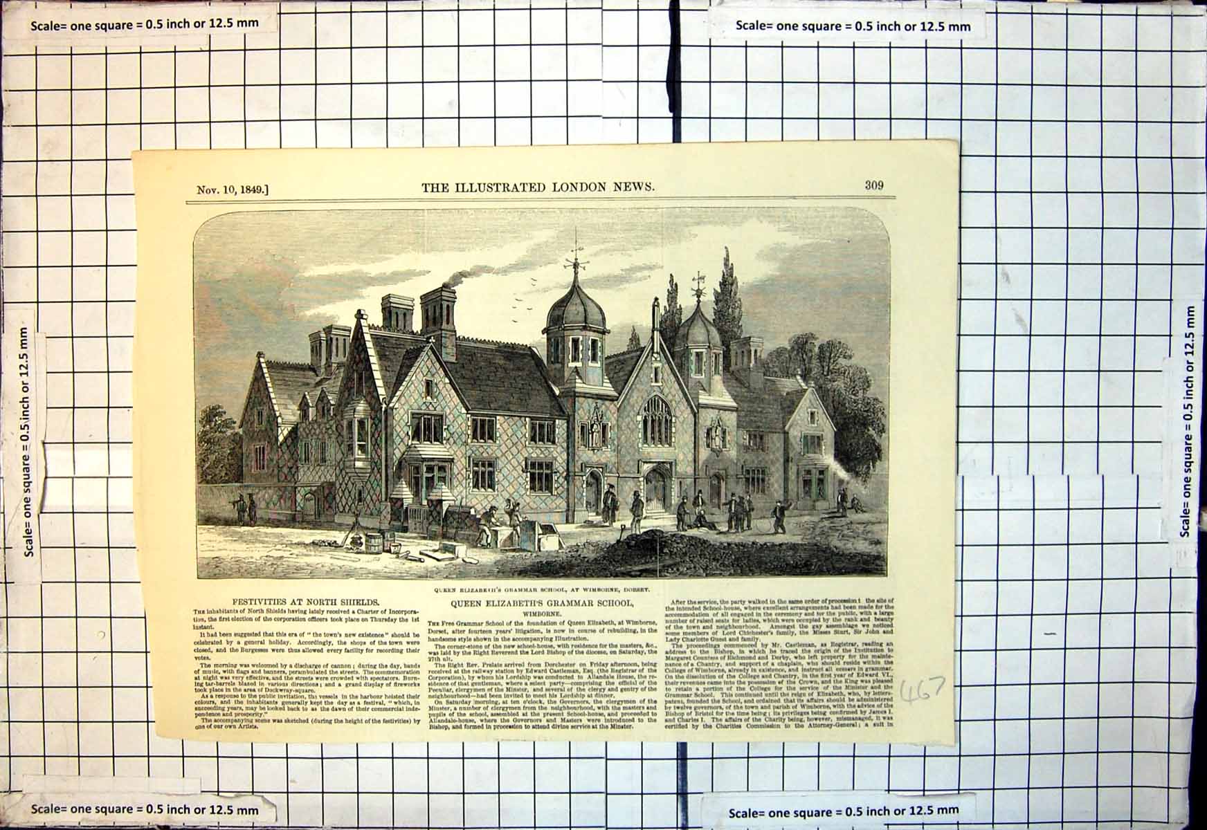 Antique Print Exterior Queen Elizabeths Grammar School Wimborne Dorset 1849