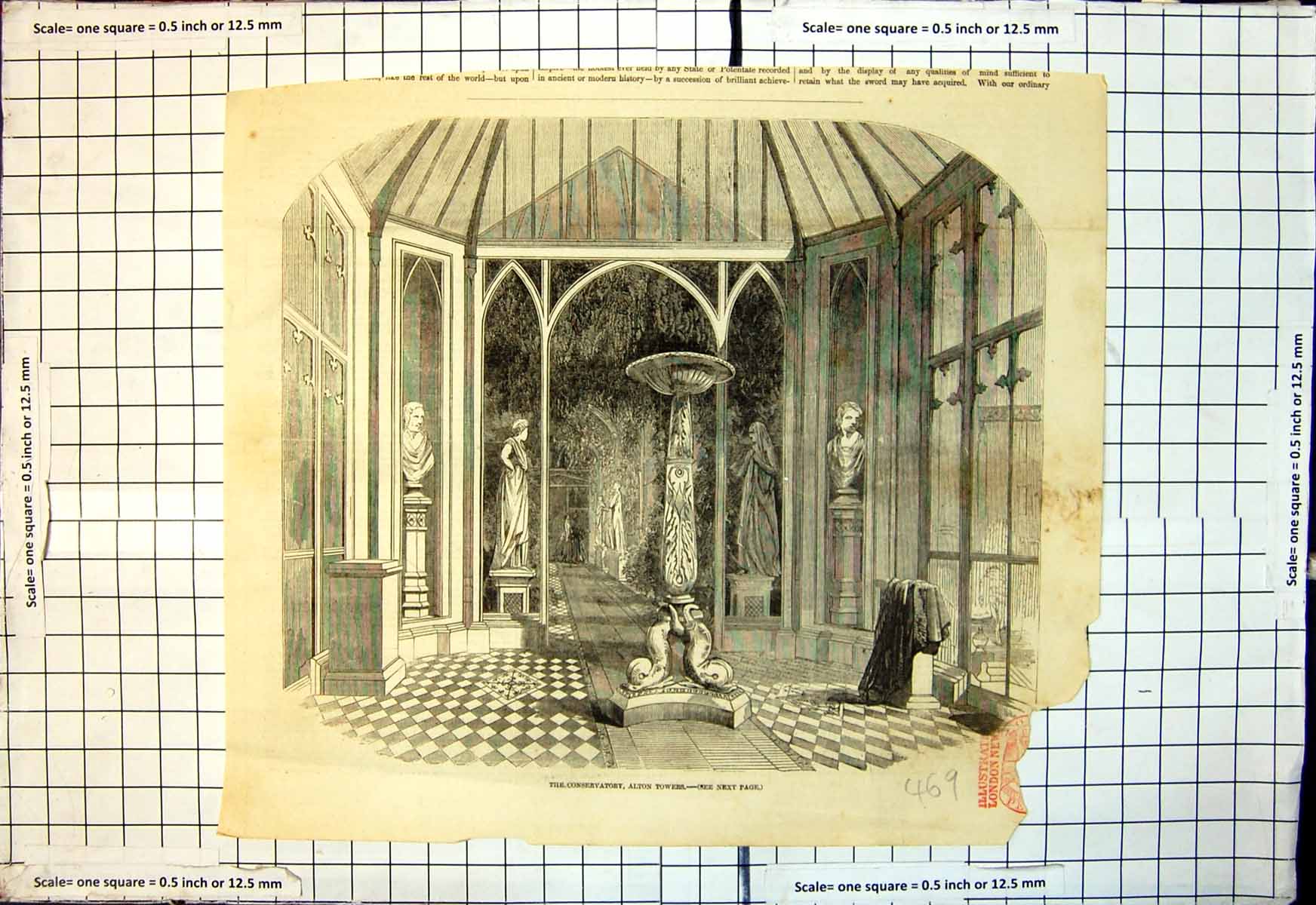 Original Old Antique Print Conservatory Alton Towers Statues Exotic Plants