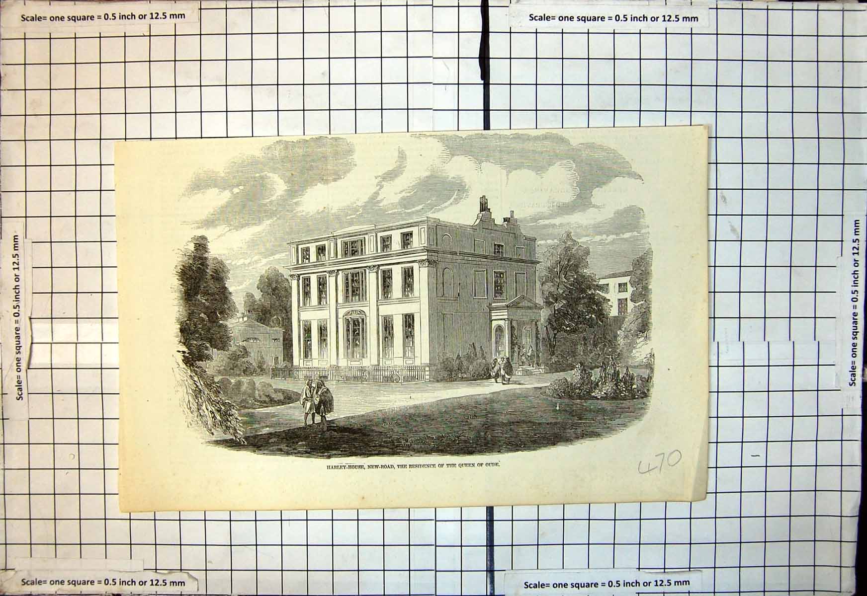 Original Old Antique Print Harley House New Road Residence Queen Oude
