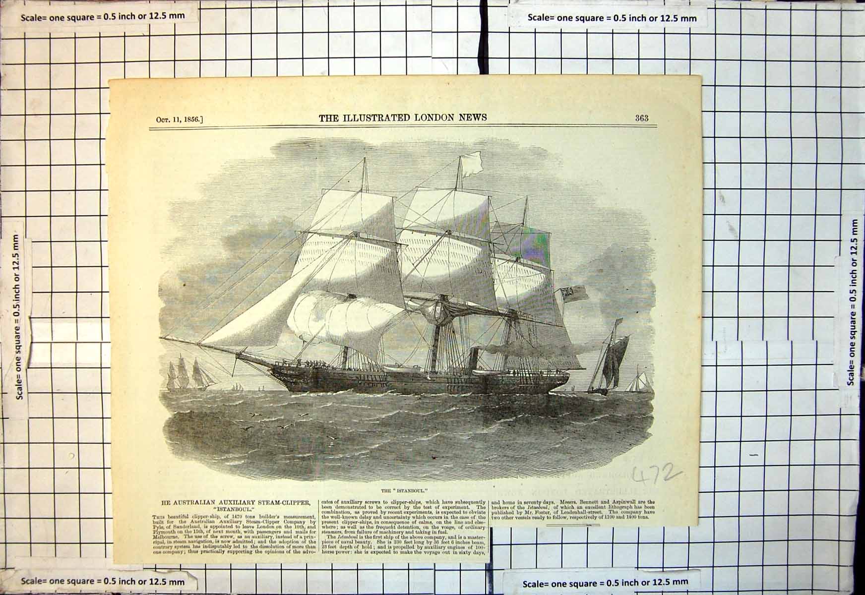 Original Old Antique Print Australian Auxiliary Steam Clipper Istanboul 1856