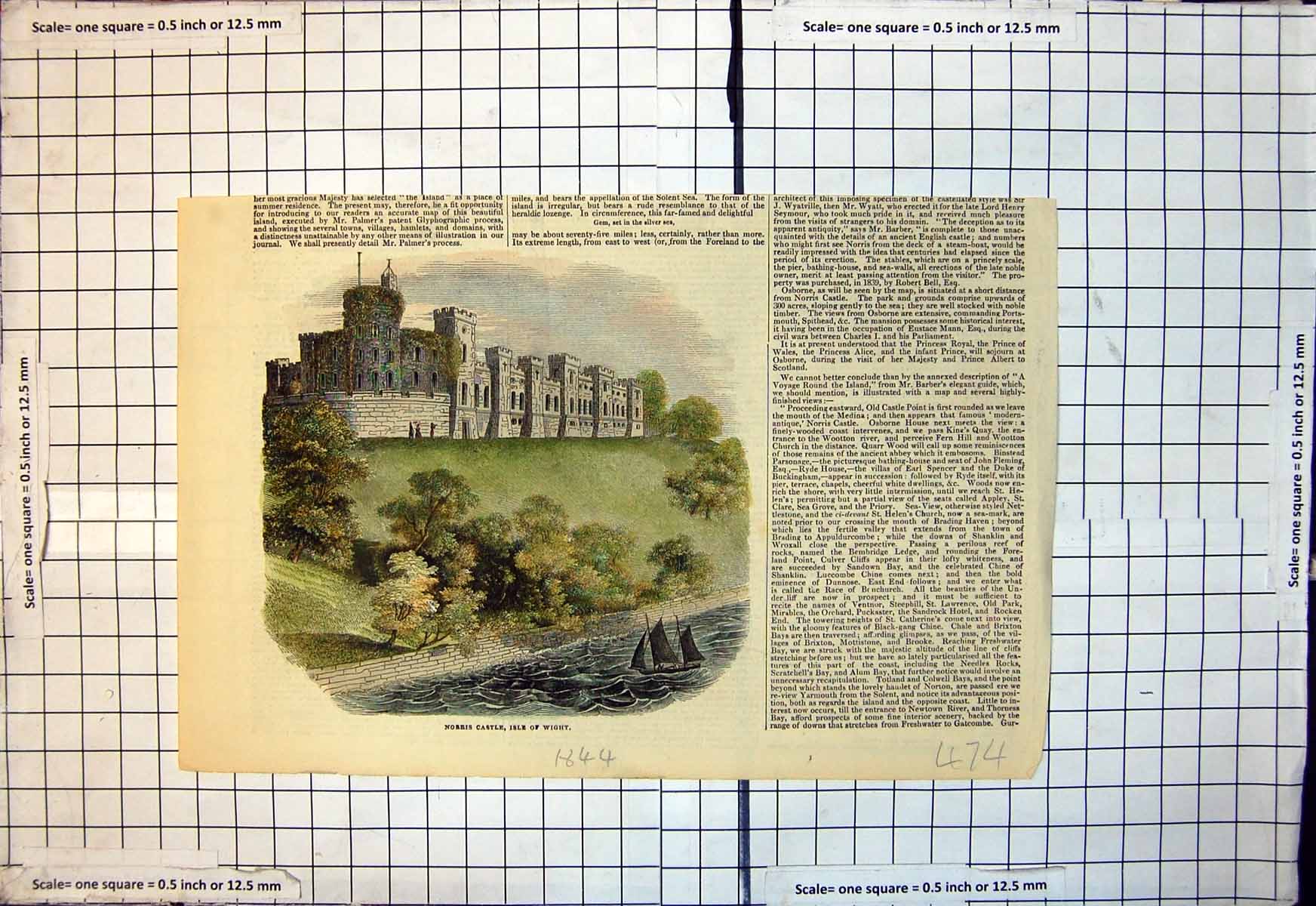 Original Old Antique Print Norris Castle Isle Wight Yacht Lake Colour 1844 19th