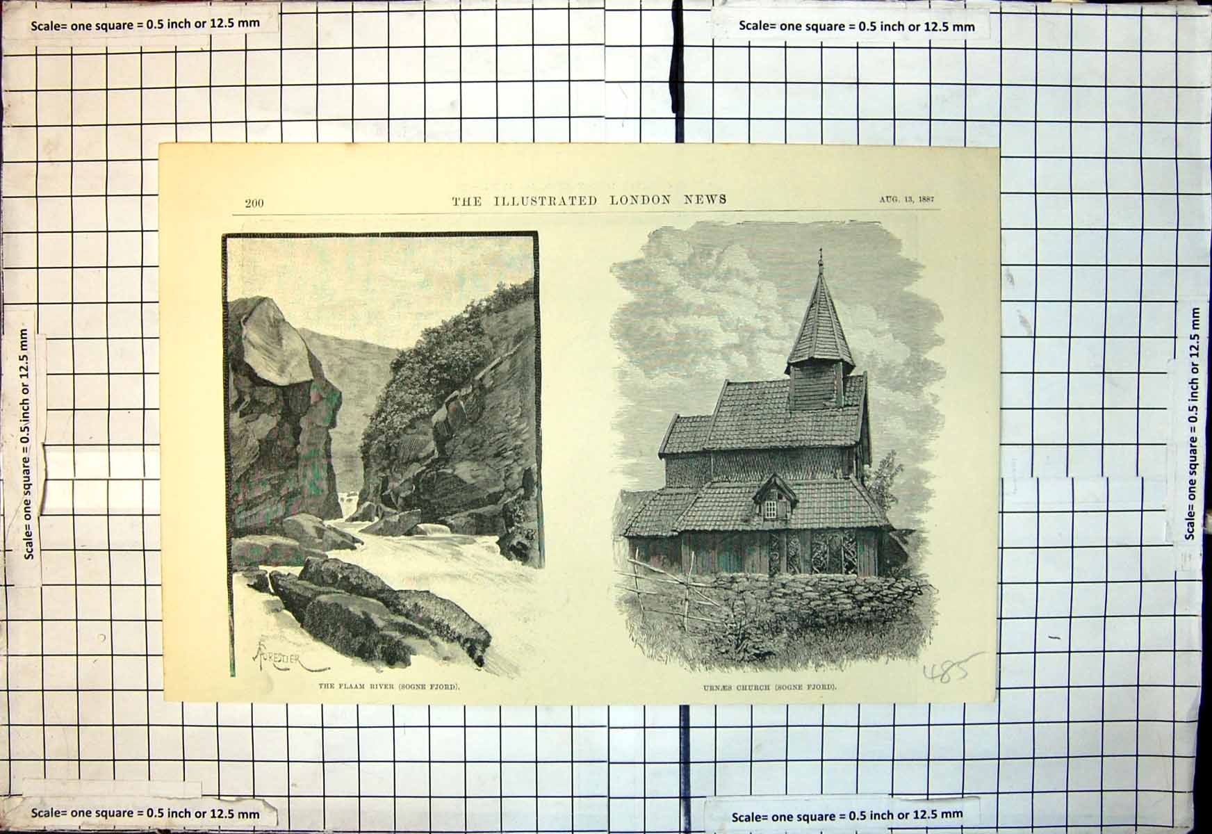 Antique Print Flaam River Sogne Fjord Urnaes Church Sogne Fjord Norway 1887