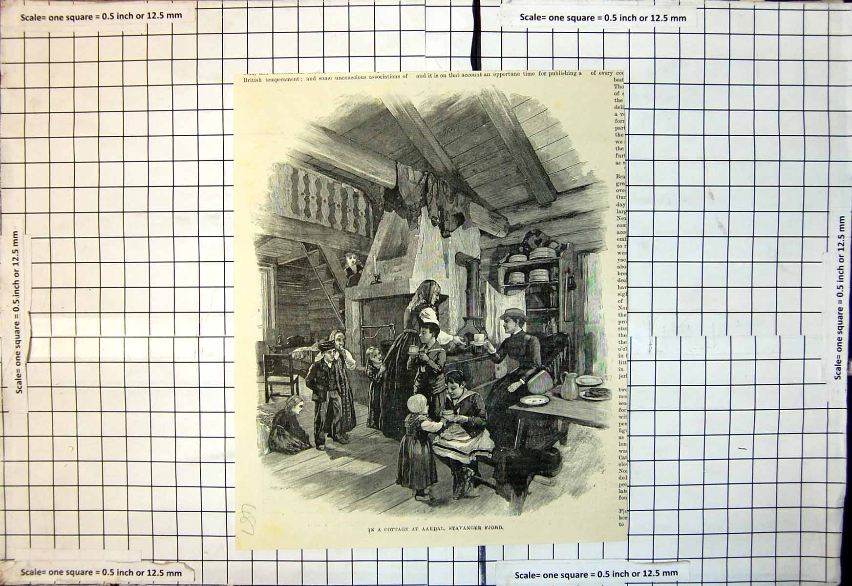 Original Old Antique Print Interior Cottage Aardal Stavanger Fjord Norway 1887