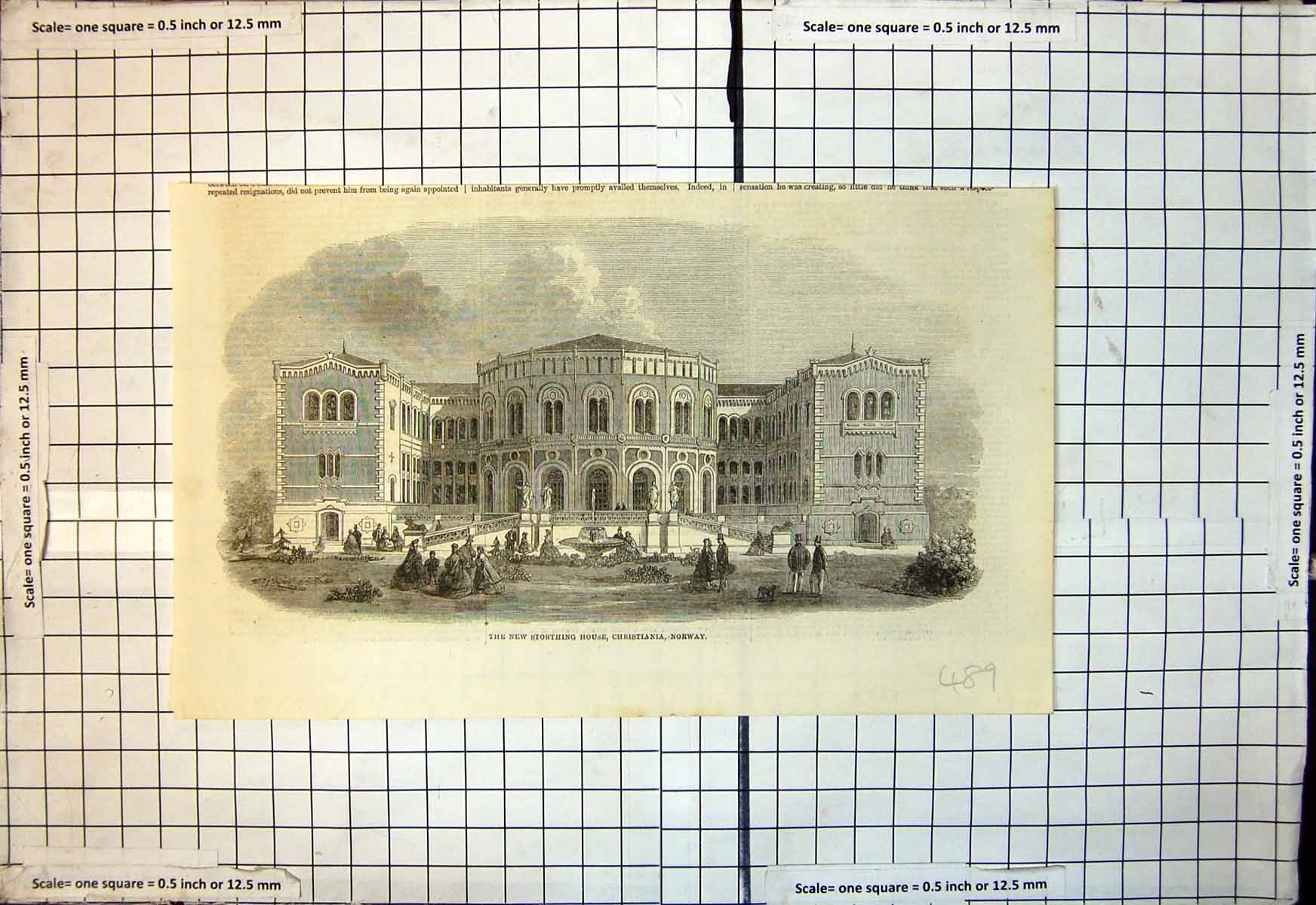 Old Antique Print New Storthing House Christiania Norway Fountain Grounds