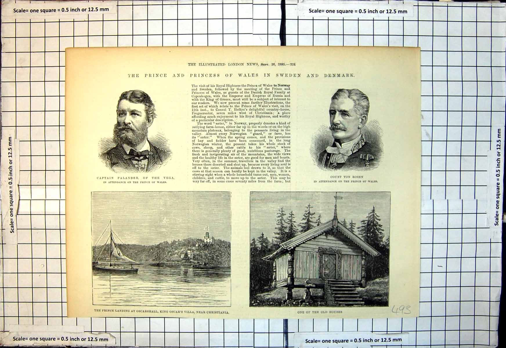 Antique Old Print Prince Princess Wales Sweden Denmark King Oscars Villa 1885