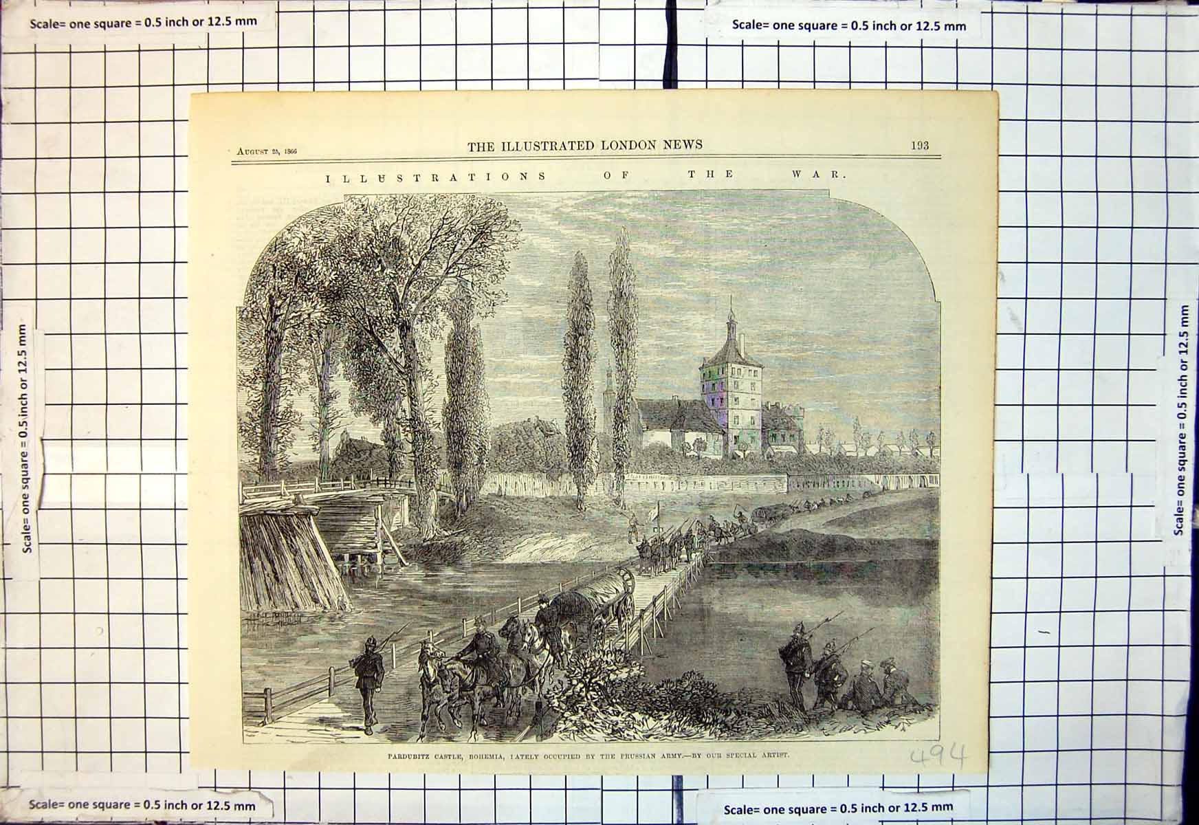 Antique Old Print War Pardubitz Castle Bohemia Occupied Prussian Army 1866 19th
