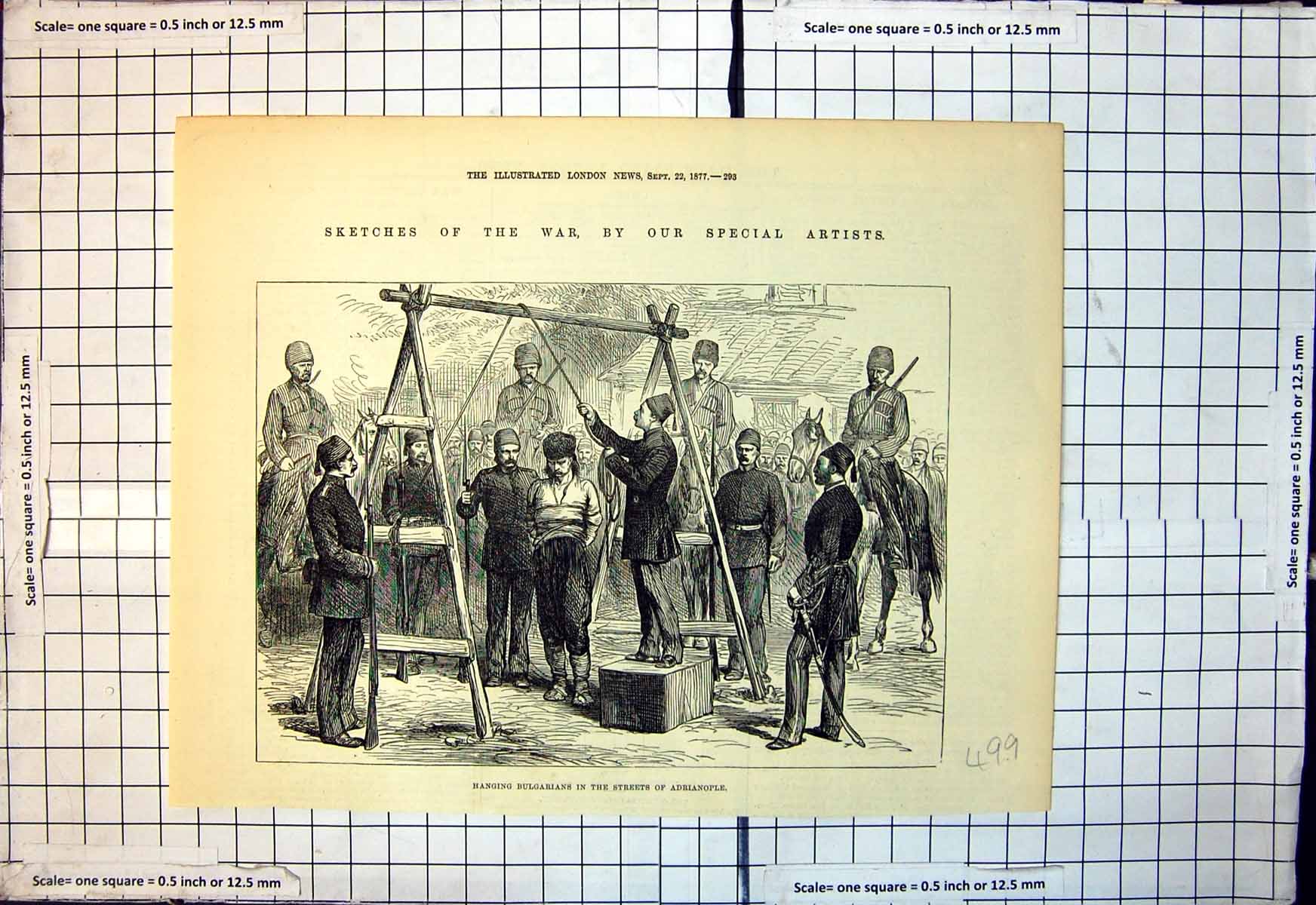 Original Old Antique Print War Hanging Bulgarians Streets Adrianople 1877 19th
