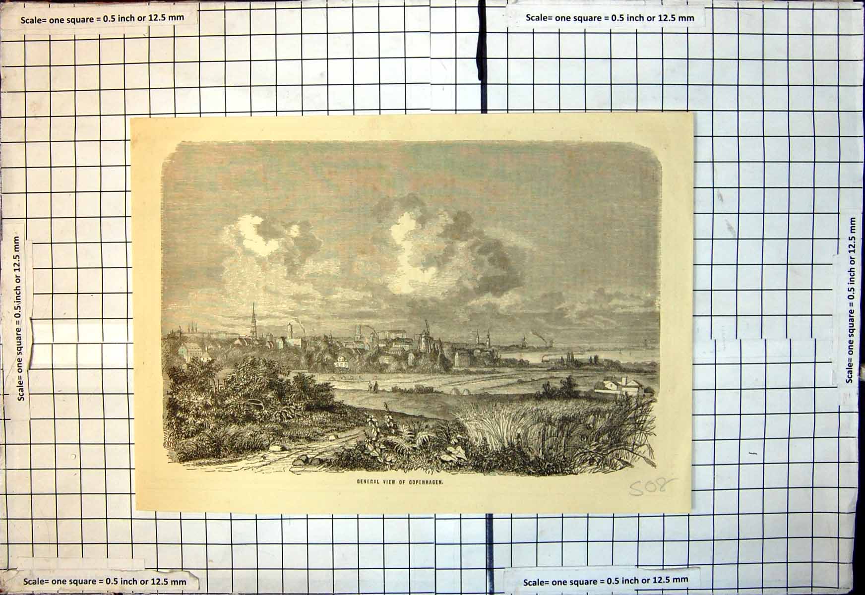 Original Old Antique Print General View Copenhagen Town Sea Windmills Church