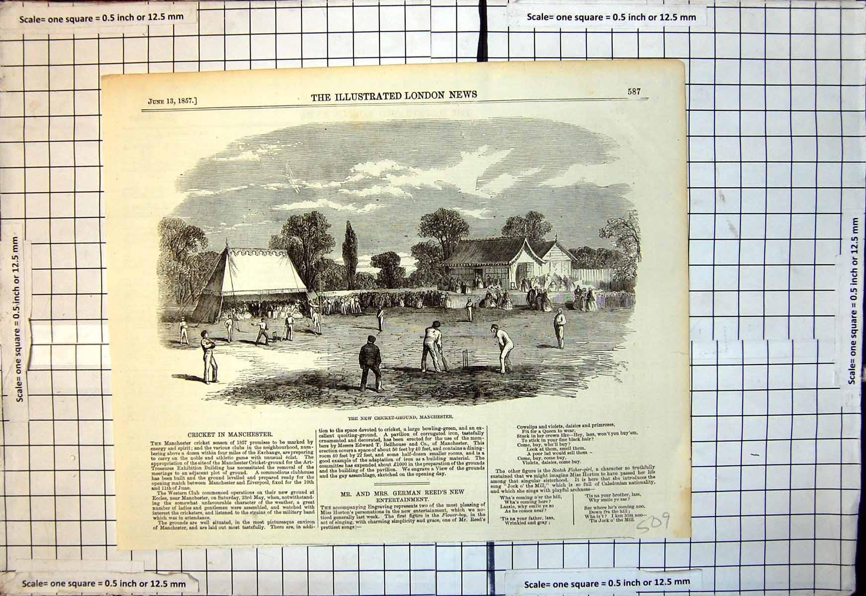 Original Old Antique Print New Cricket Ground Manchester New Clubhouse 1857