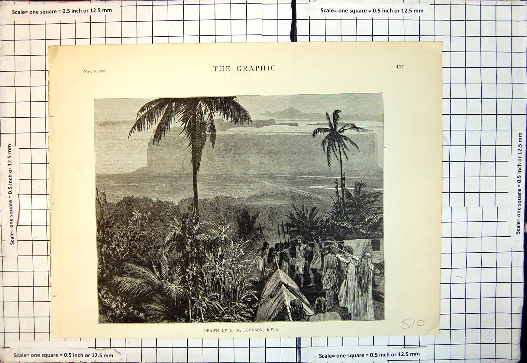 Antique Old Print Camp Natives Near Sea Palm Trees Spears E K Johnson 1886 19th