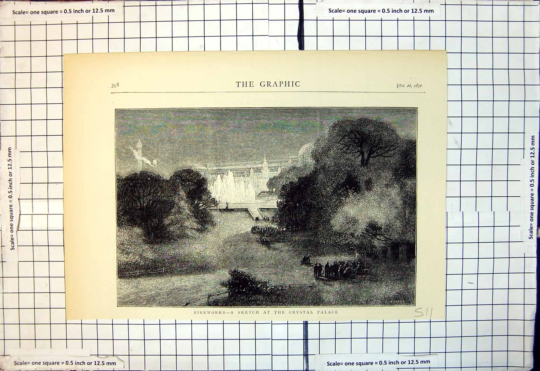 Original Old Antique Print Fireworks Sketch Crystal Palace Illuminated 1872