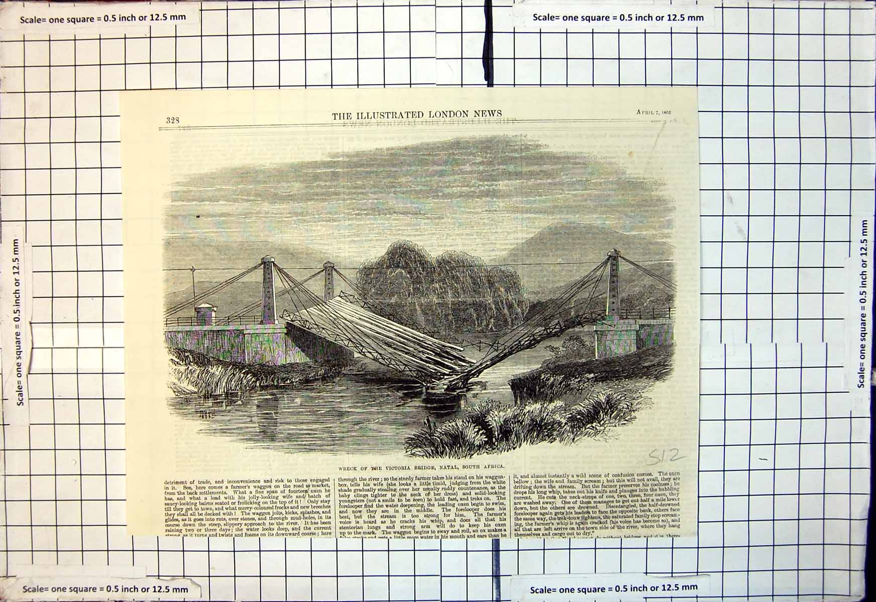 Original Old Antique Print Wreck Victoria Bridge Natal South Africa 1866 19th