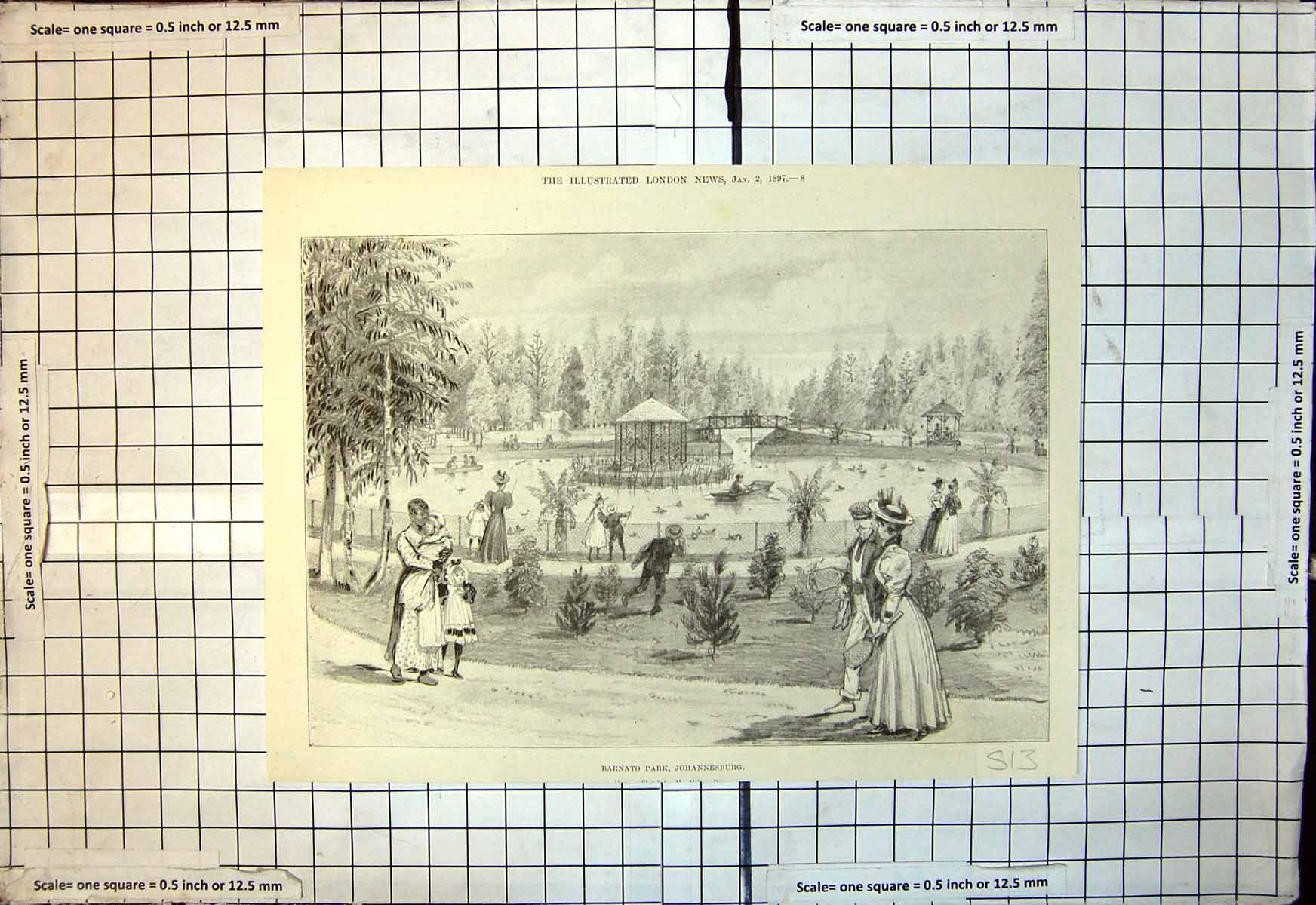 Old Print Barnato Park Johannesburg Pond Boats Ducks People Walking 1897 19th