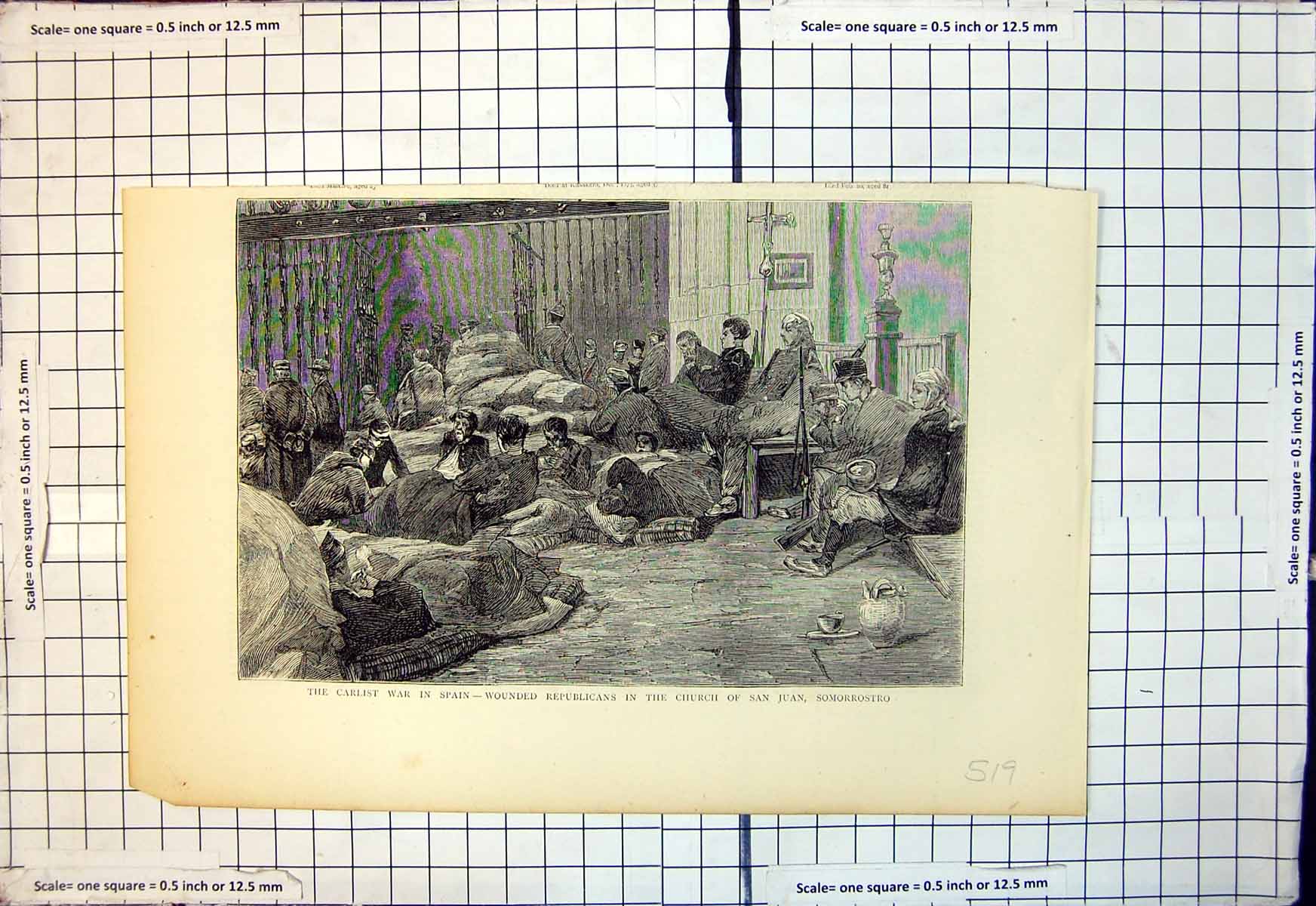 Antique Old Print Carlist War Spain Wounded Republicans Church Somorrostro