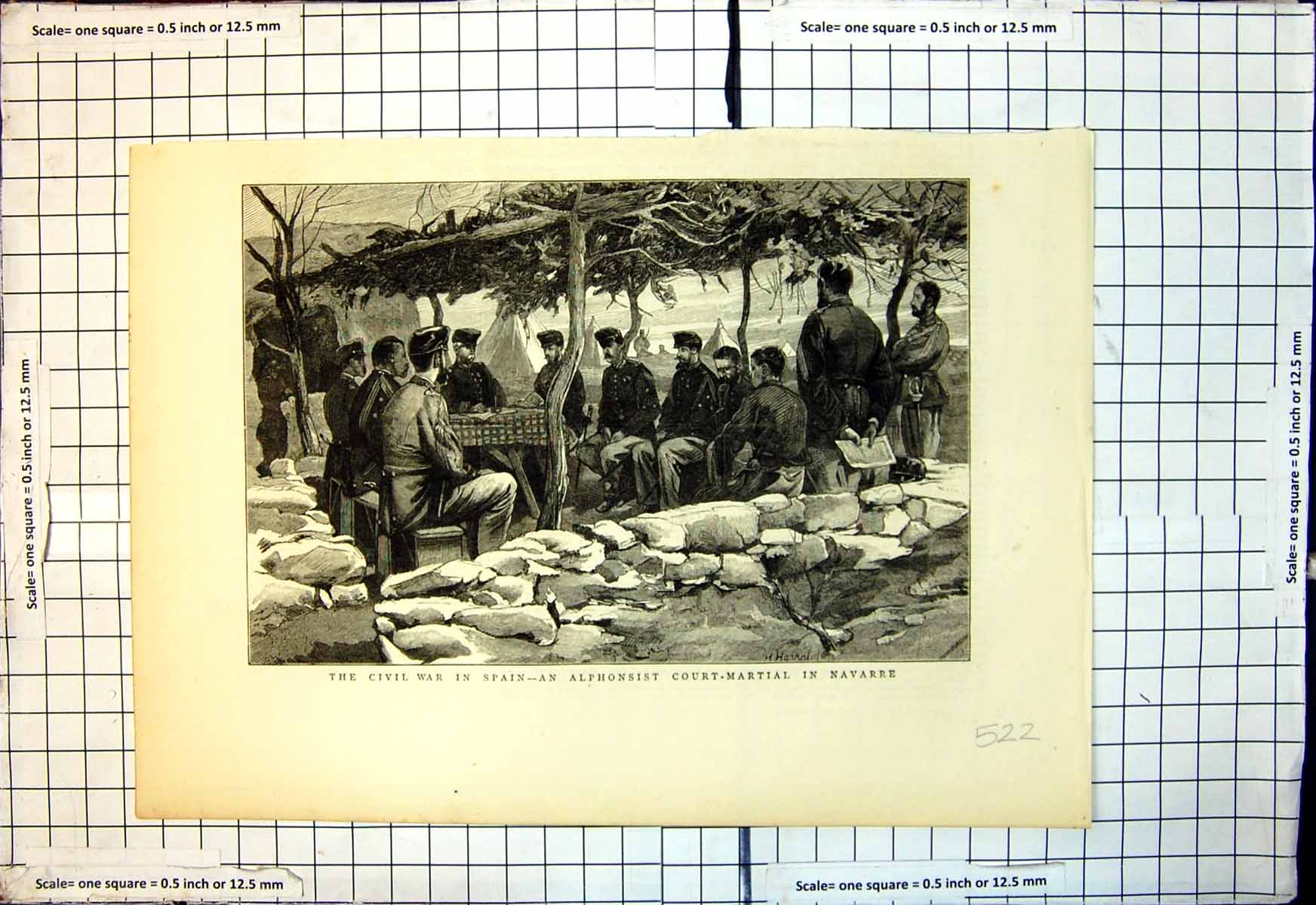 Original Old Antique Print Civil War Spain Alphonsist Court Martial Navarre