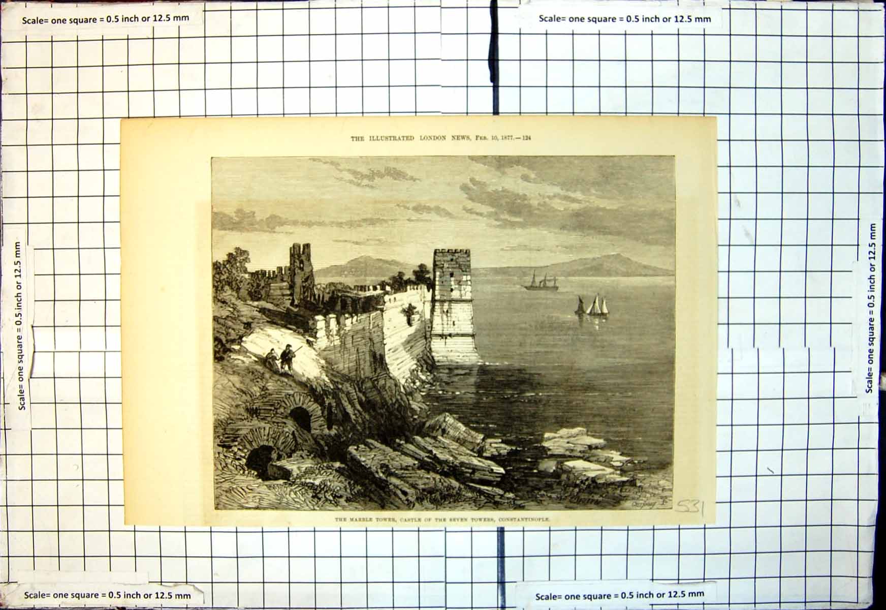 Original Old Antique Print Marble Tower Castle Seven Towers Constantinople 1877