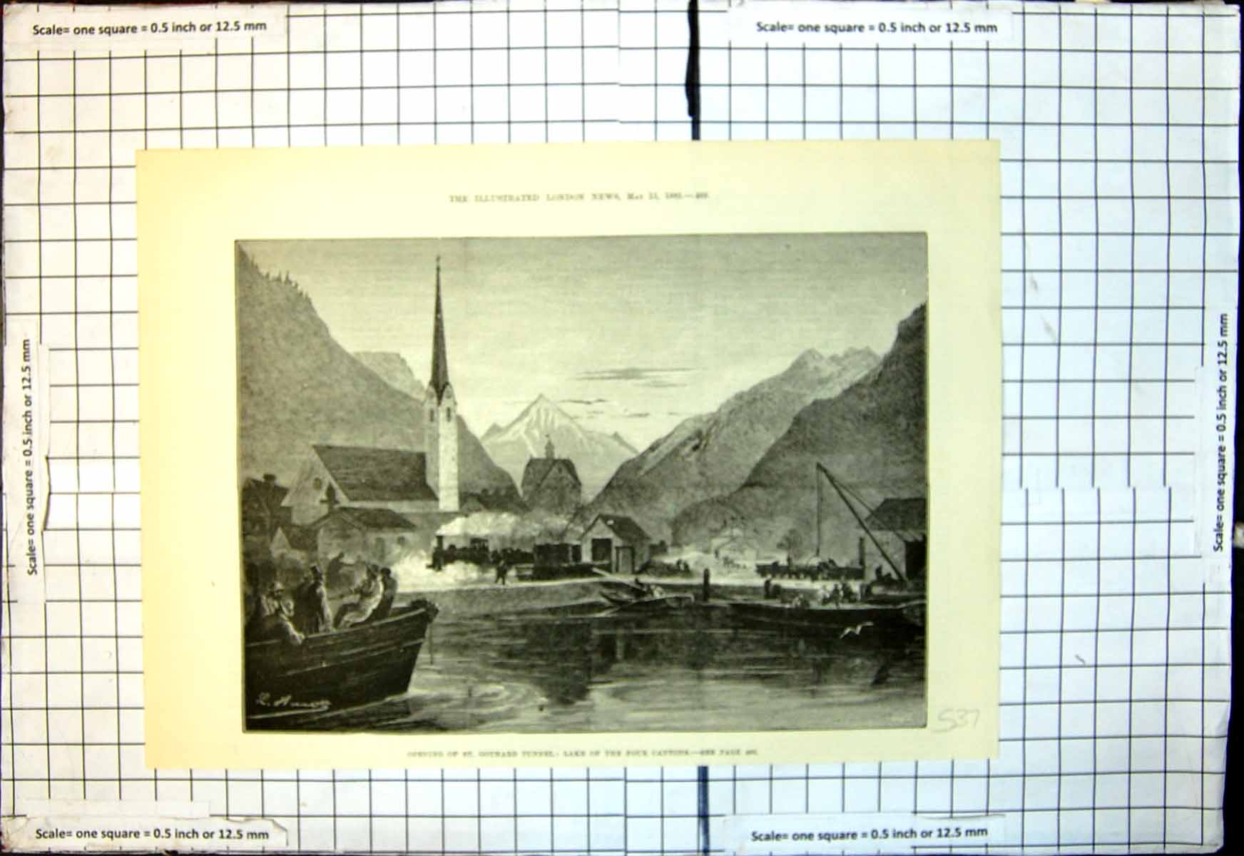 Original Old Antique Print Opening St Gothard Tunnel Lake Four Cantons 1882