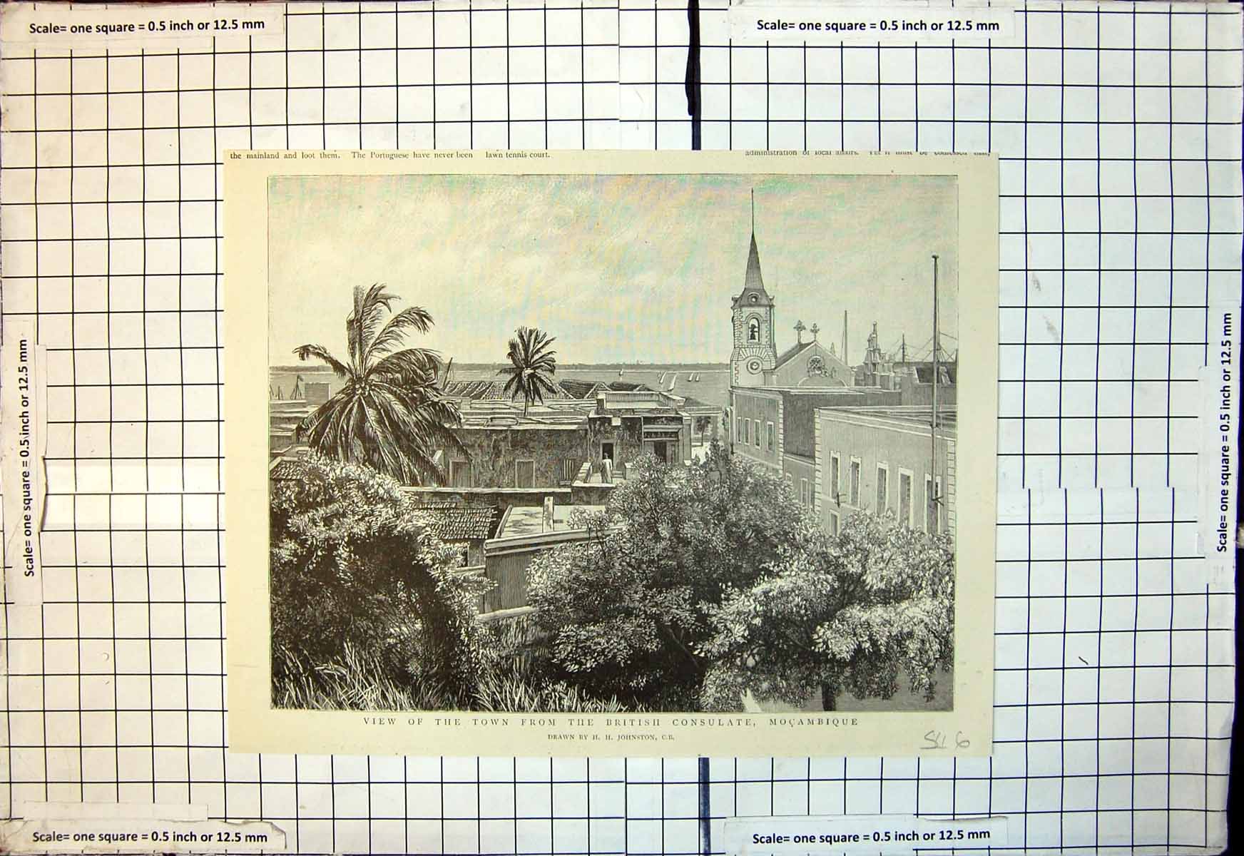 Original Old Antique Print View Town From British Consulate Mocambique