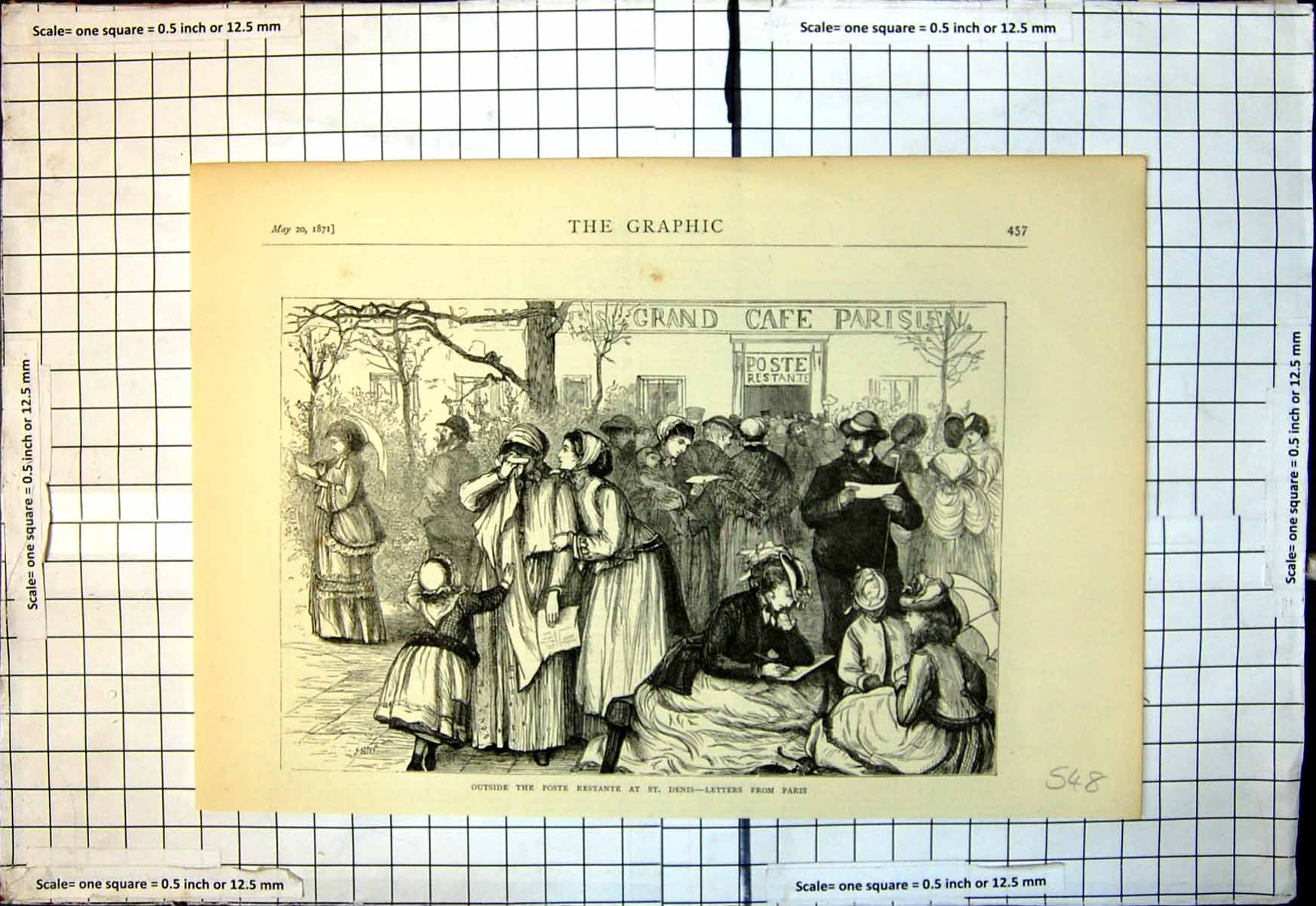 Old Antique Print Outside Poste Restante St Denis Letters From Paris 1871 19th