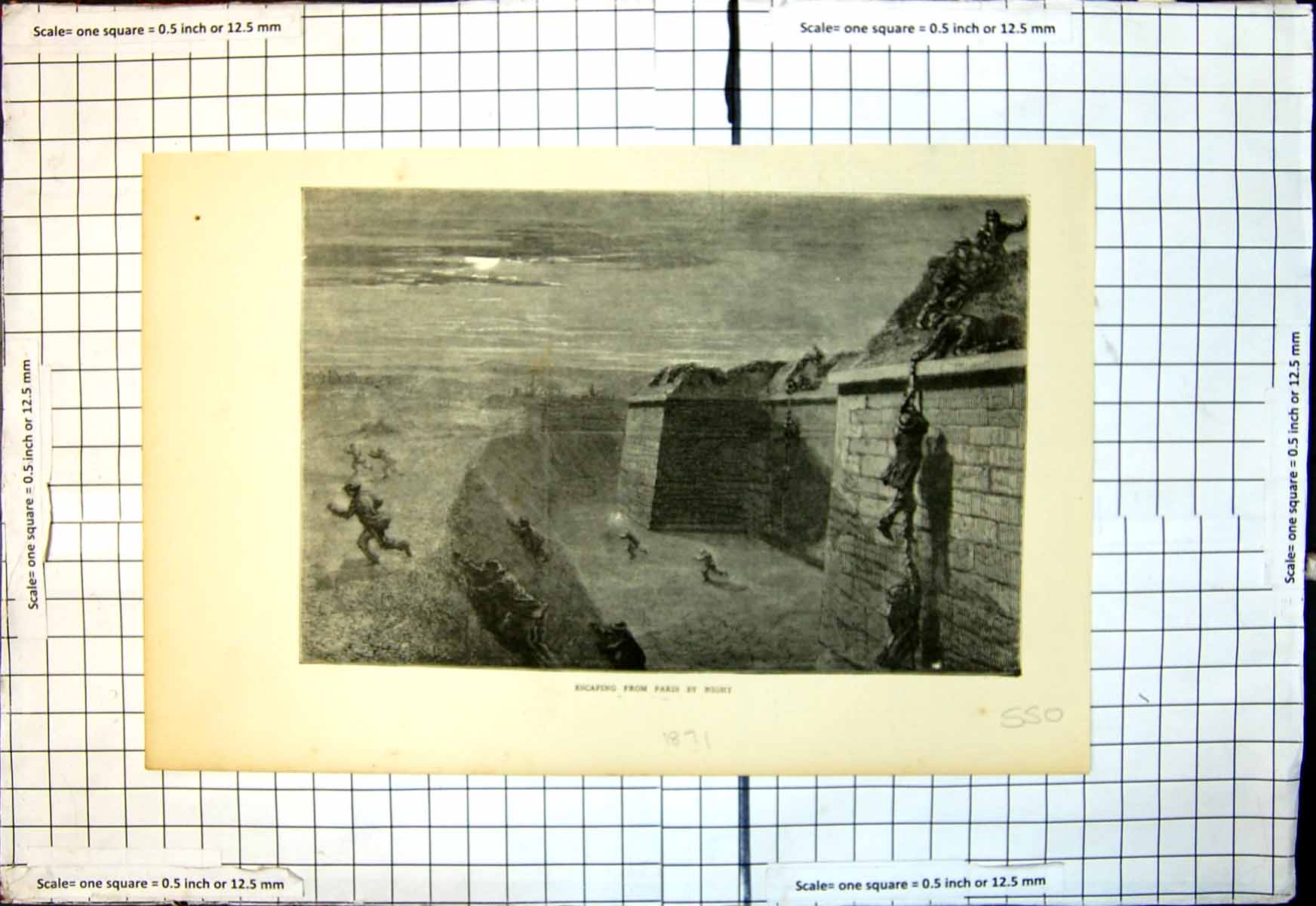 Antique Old Print Escaping From Paris By Night Ropes Walls Climb Embankment