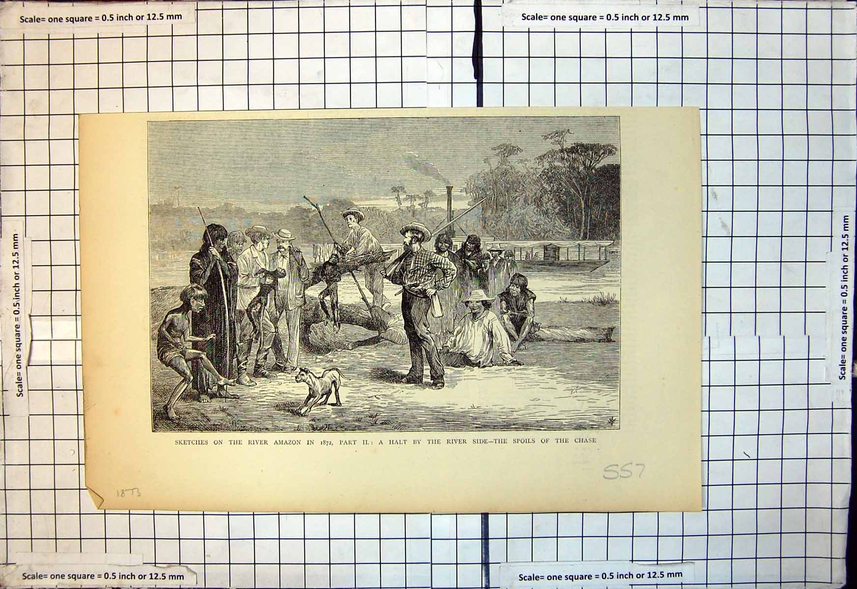 Antique Old Print Sketch River Amazon 1872 Halt River Side Spoils Chase 1873