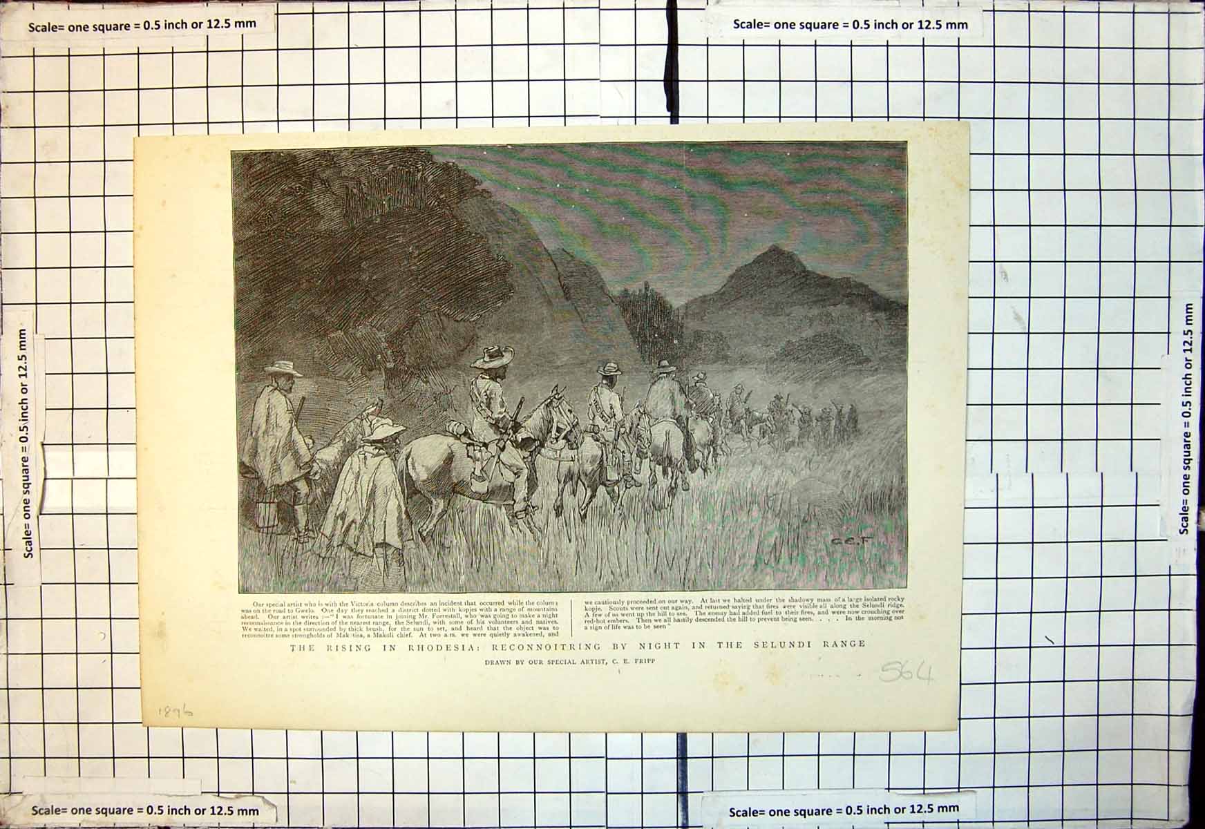 Old Print Rising Rhodesia Reconnoitring Night Selundi Range C Fripp 1896 19th