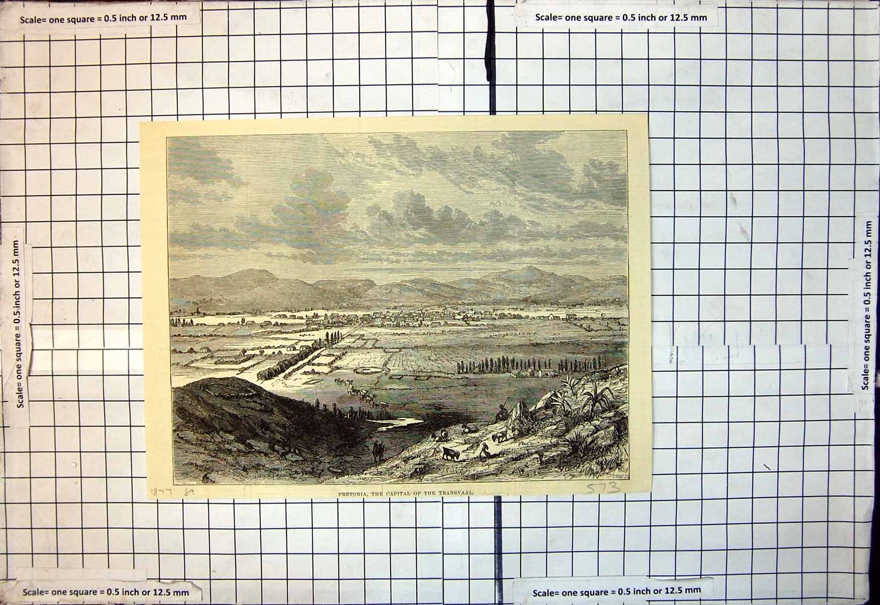 Original Old Antique Print Town Pretoria Capital Transvaal 1877 19th