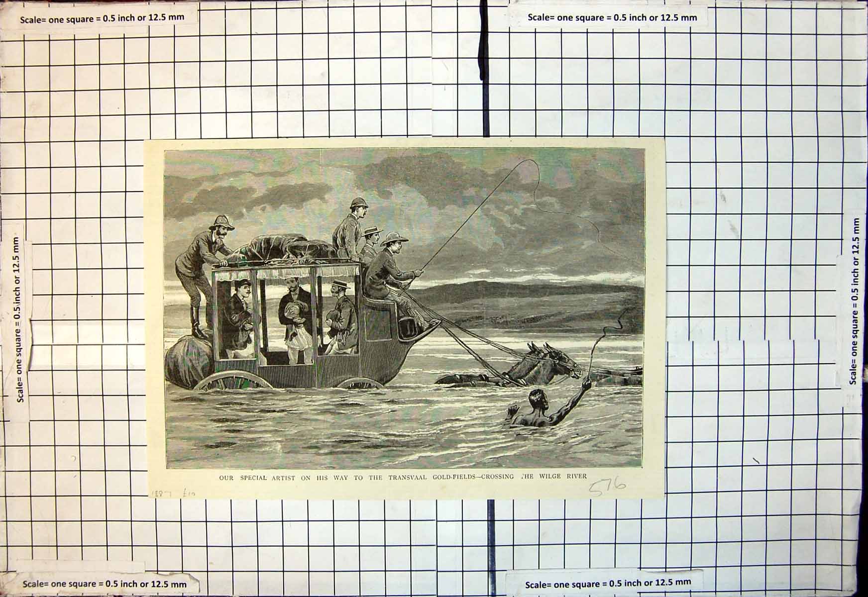 Antique Old Print Artist On Way Transvaal GFields Crossing Wilge River 1887