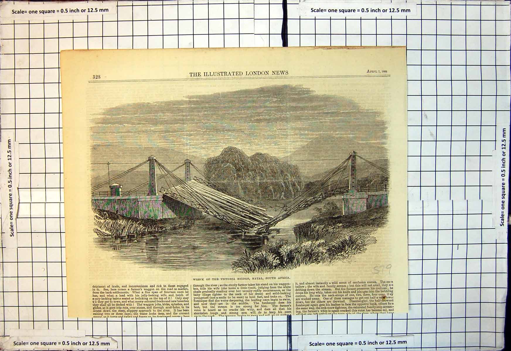 Antique Old Print Wreck Victoria Bridge Natal South Africa Split Middle 1866