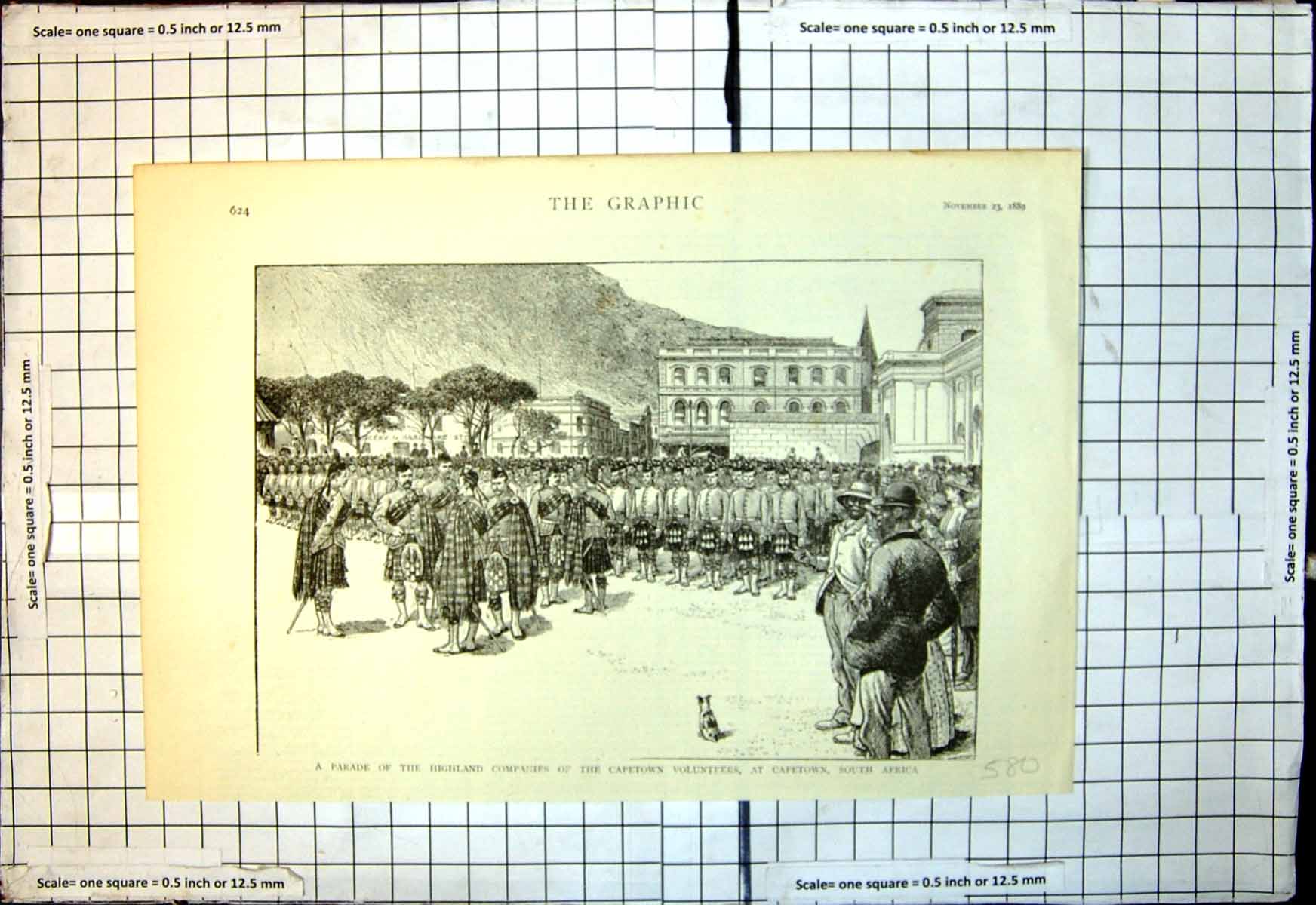 Old Print Parade Highland Companies Capetown Volunteers South Africa 1889 19th