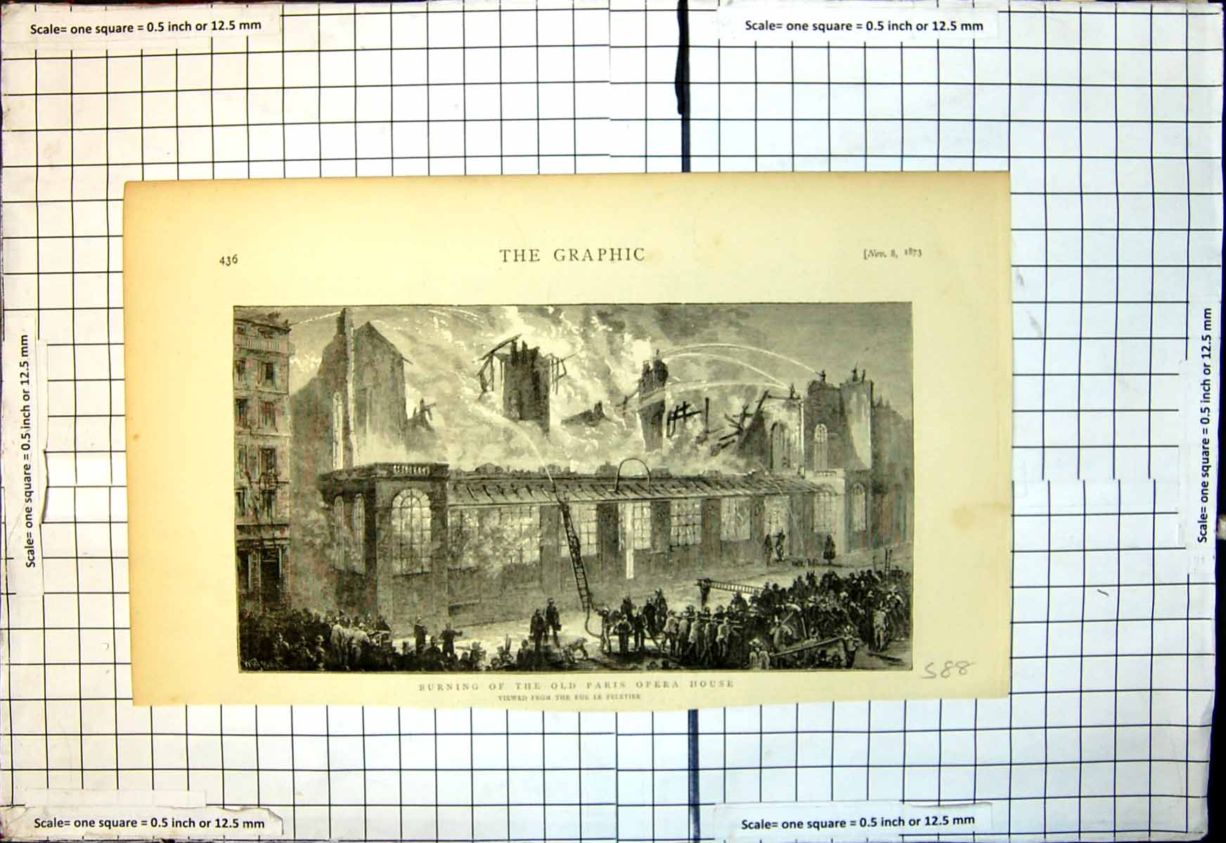 Old Antique Print Burning Paris Opera House Viewed Rue Le Peletier 1873 19th