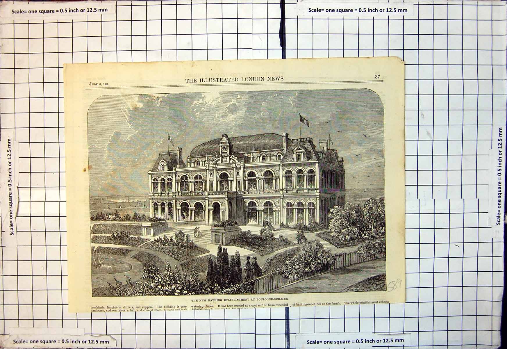 Original Old Antique Print New Bathing Establishment Boulogne Sur Mer 1863 19th