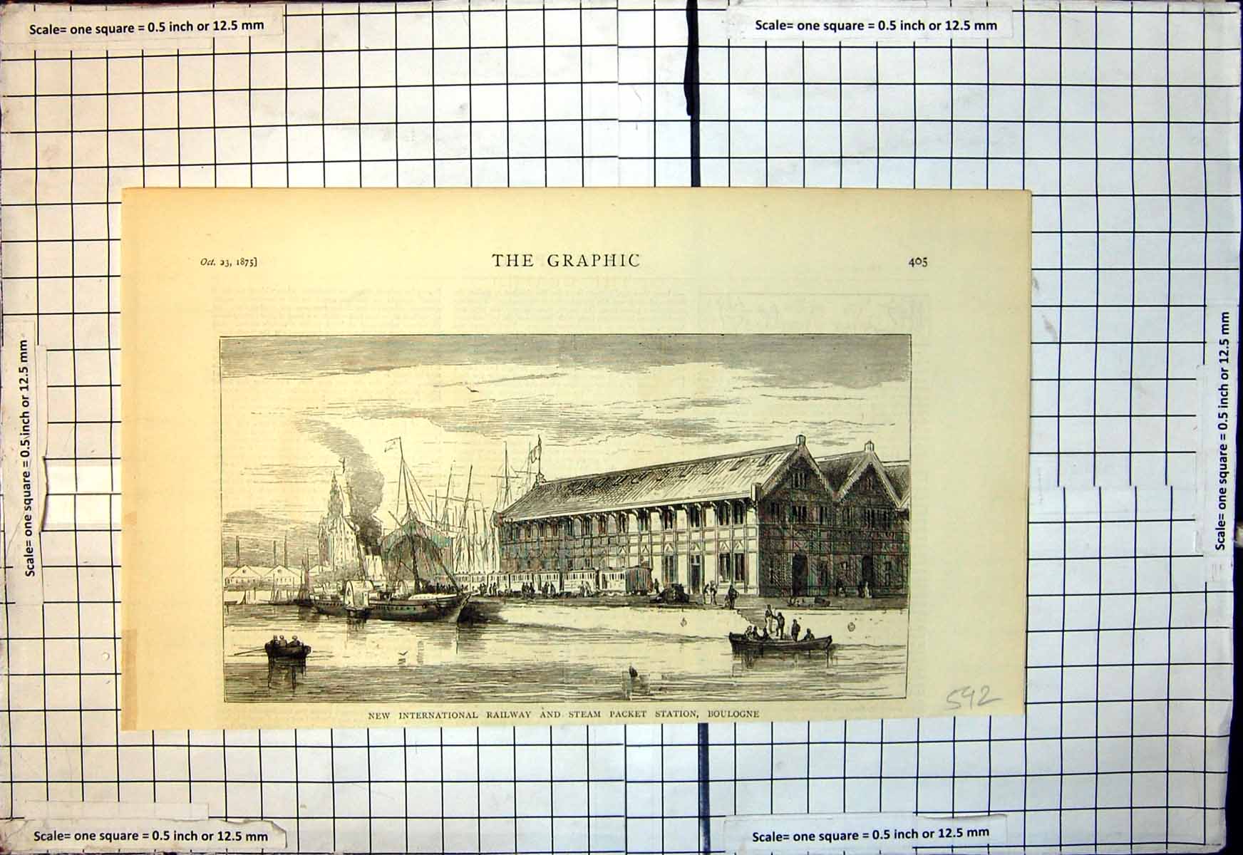 Antique Print New International Railway Steam Packet Station Boulogne 1875 19th